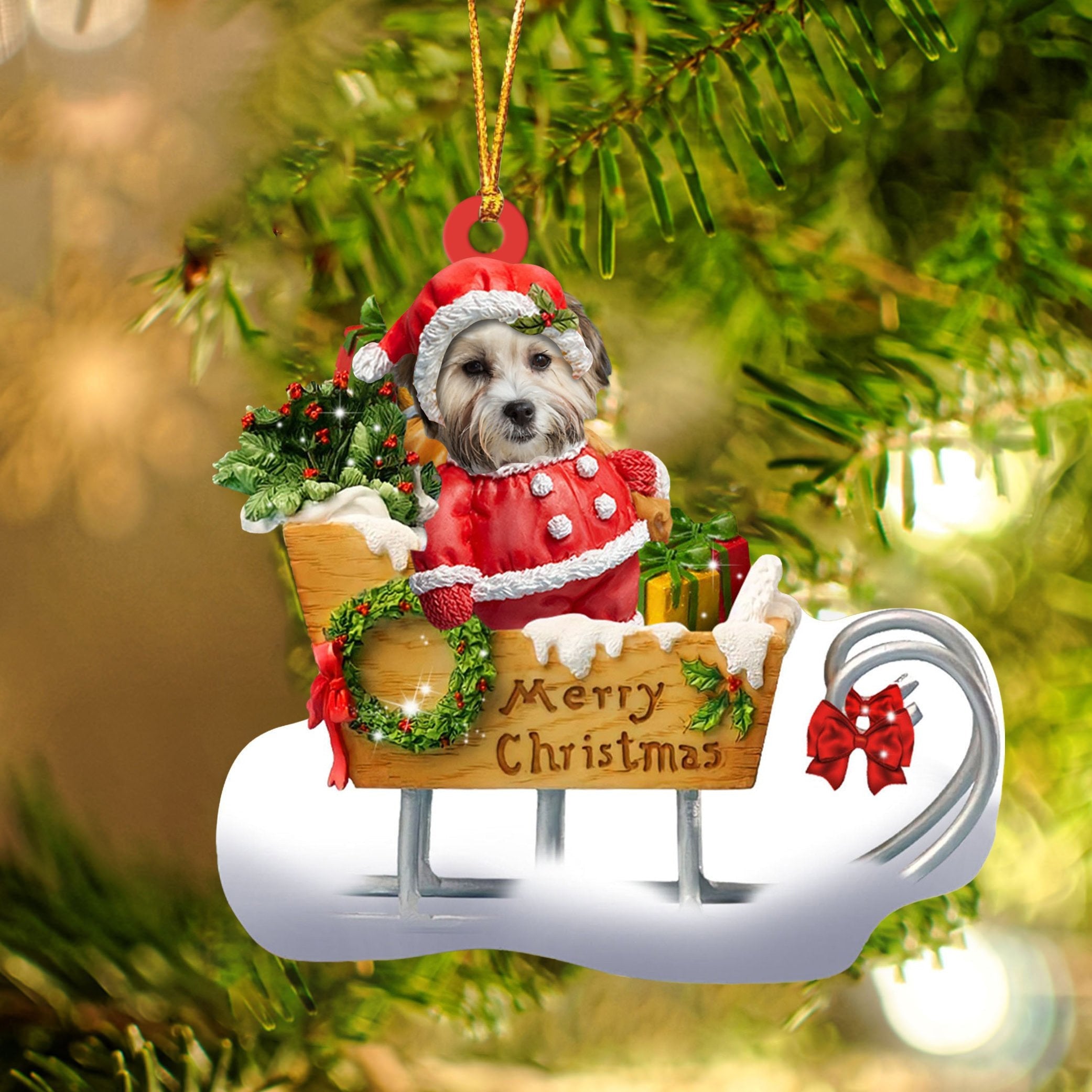 Cavachon Sitting On A Cute Sleigh Ornament Flat Acrylic Funny Dog Ornament