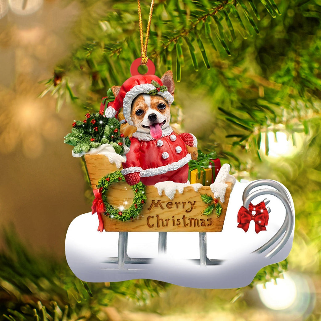 Chihuahua2 Sitting On A Cute Sleigh Ornament Flat Acrylic Funny Dog Ornament