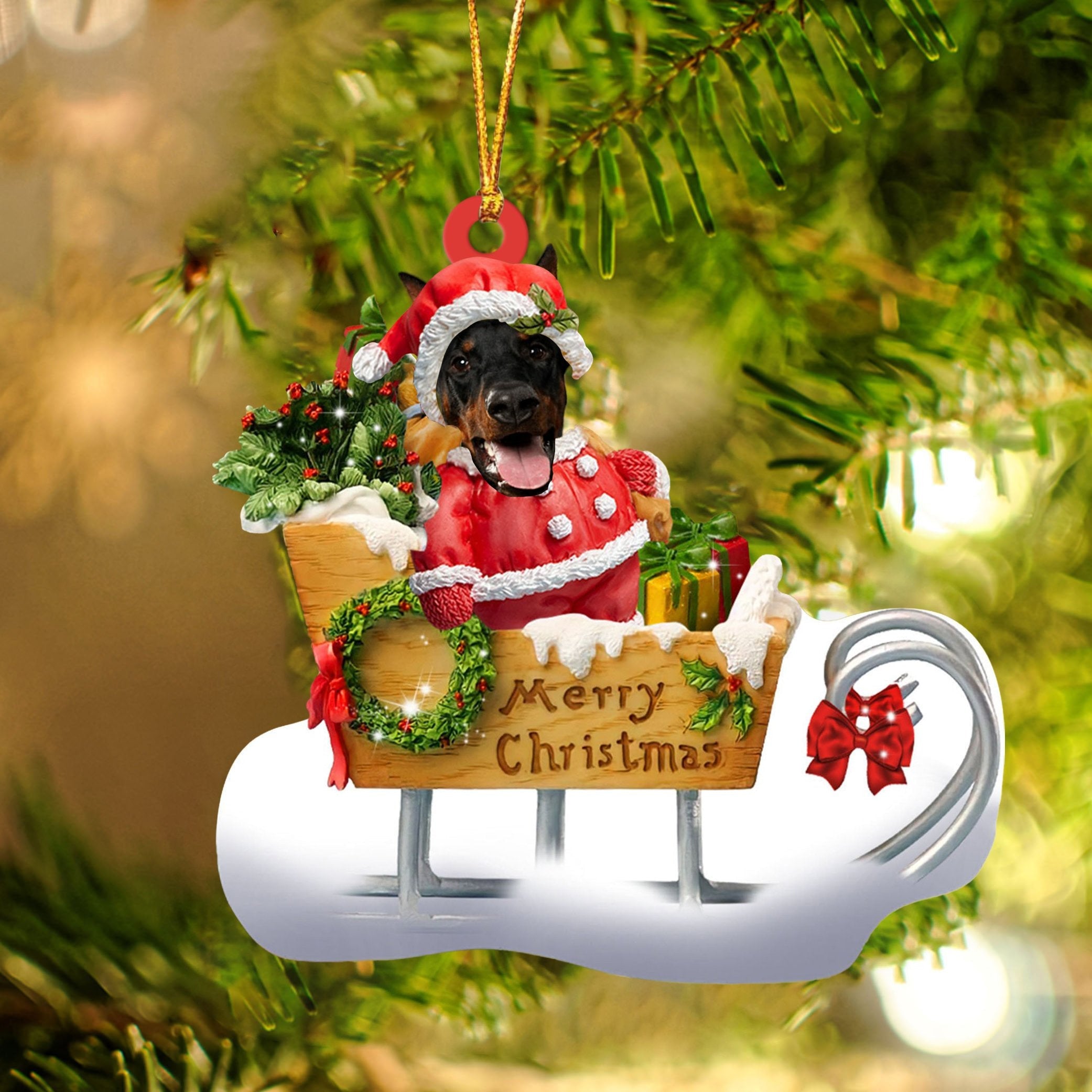Doberman Sitting On A Cute Sleigh Ornament Flat Acrylic Funny Dog Ornament