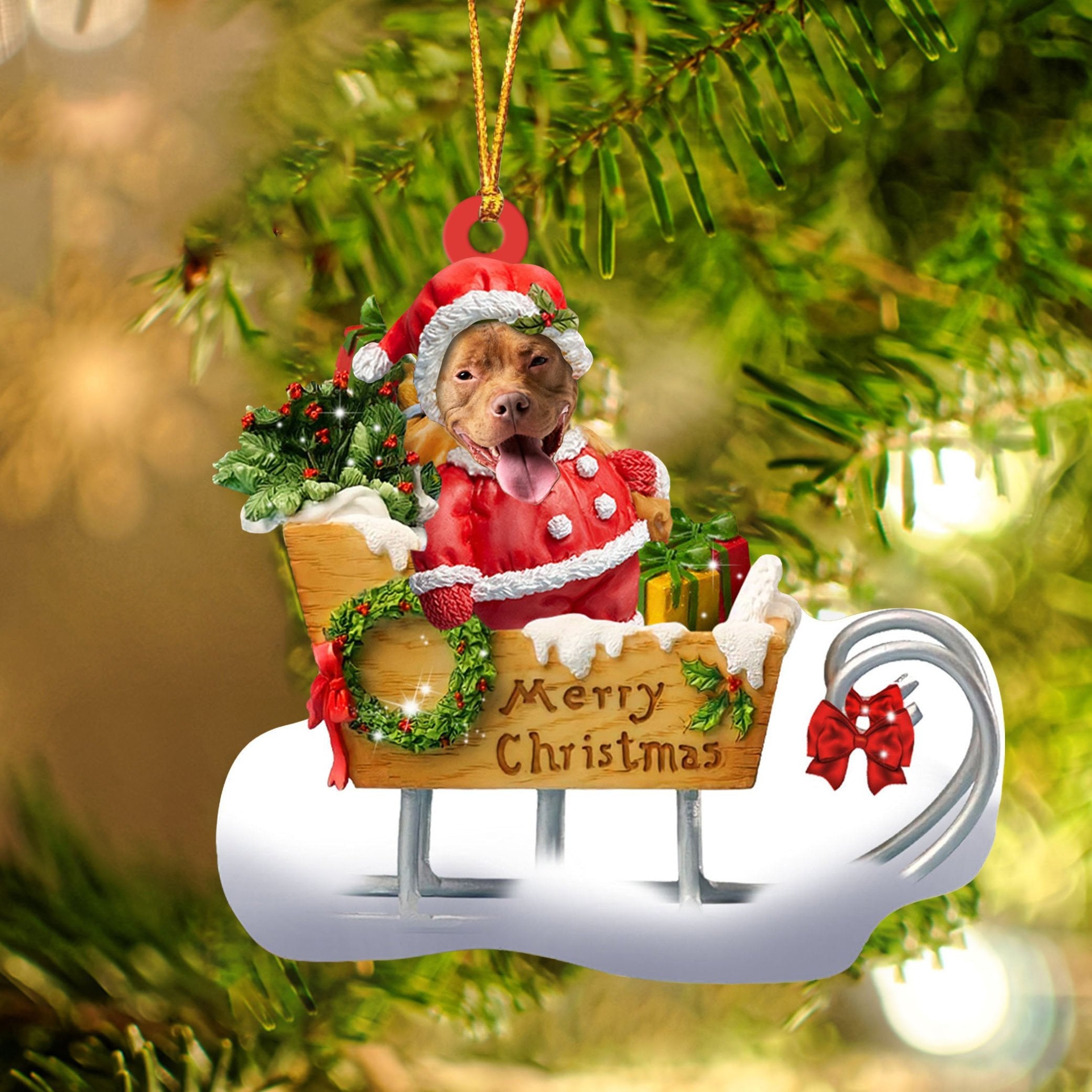 Pitbull Sitting On A Cute Sleigh Ornament Flat Acrylic Funny Dog Ornament
