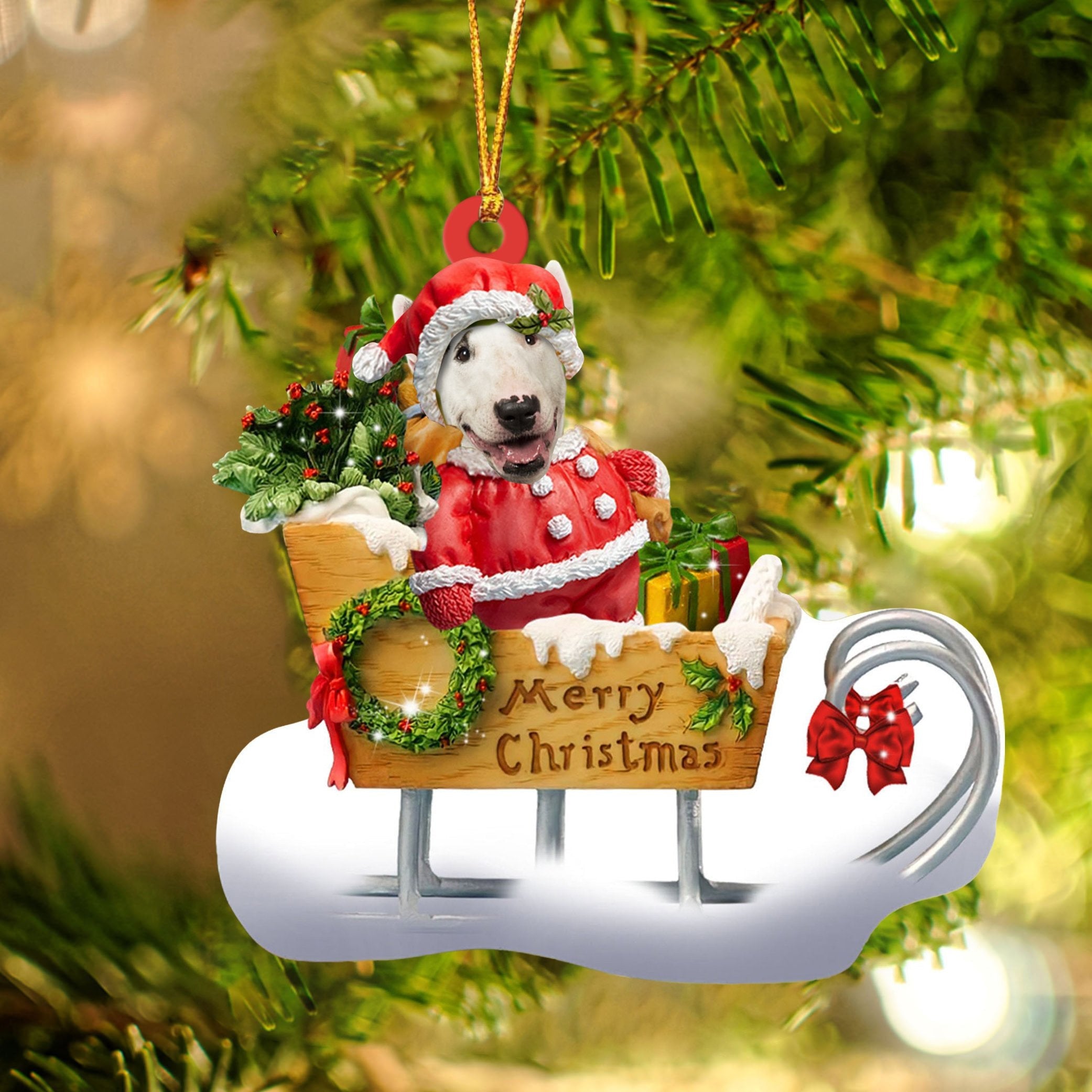 Bull Terrier Sitting On A Cute Sleigh Ornament Flat Acrylic Funny Dog Ornament