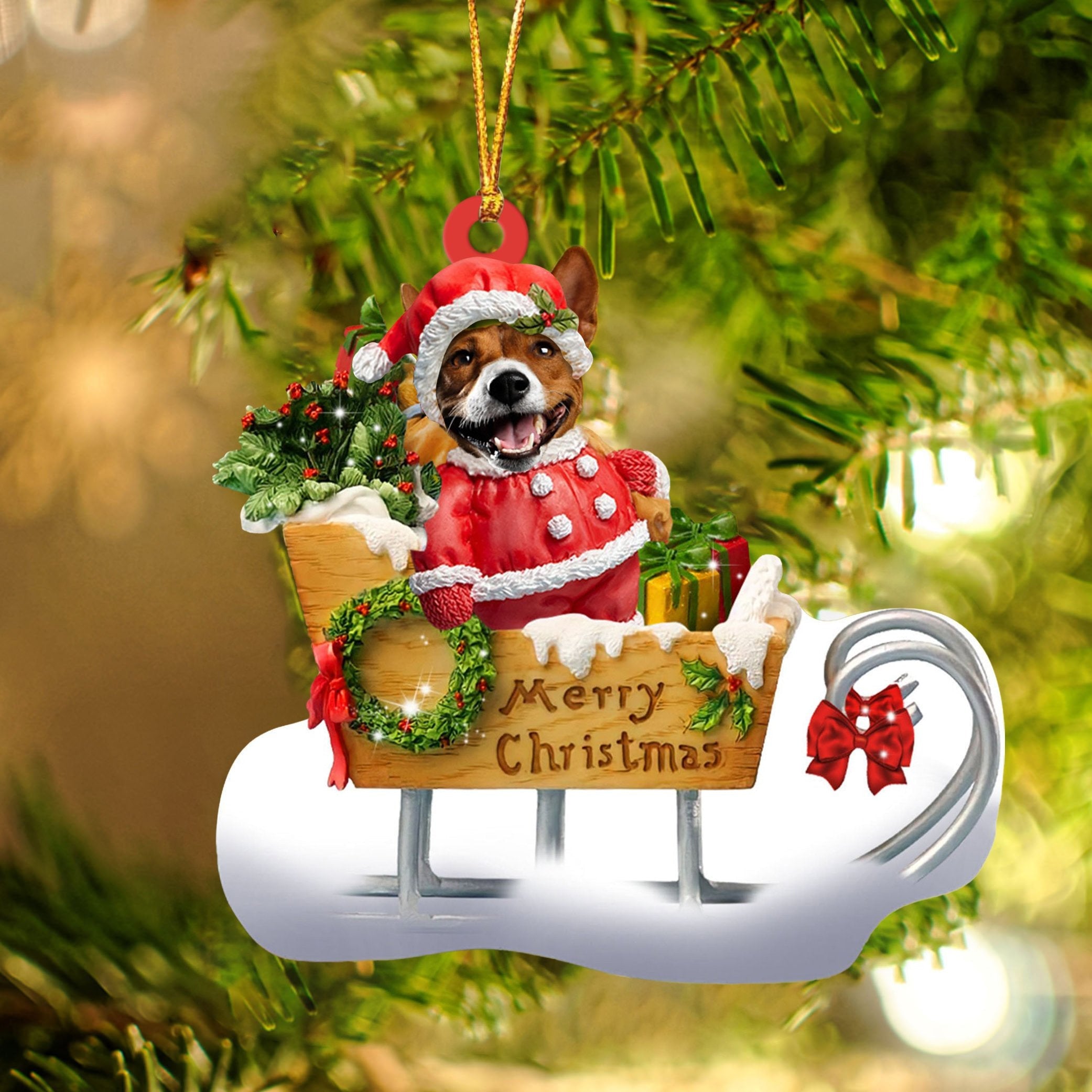 Basenji Sitting On A Cute Sleigh Ornament Flat Acrylic Funny Dog Ornament