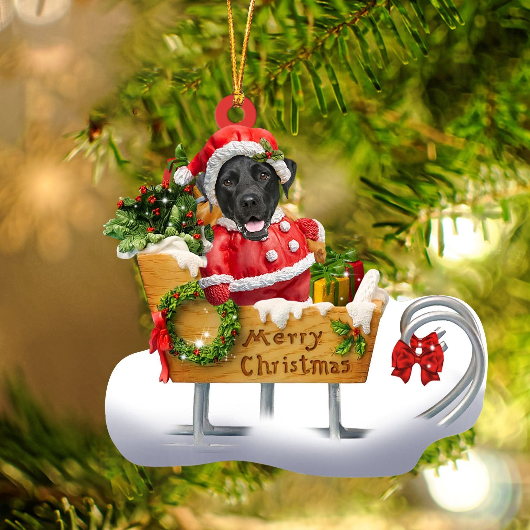 Black Labrador Retriever Sitting On A Cute Sleigh Ornament Flat Acrylic Funny Dog Ornament