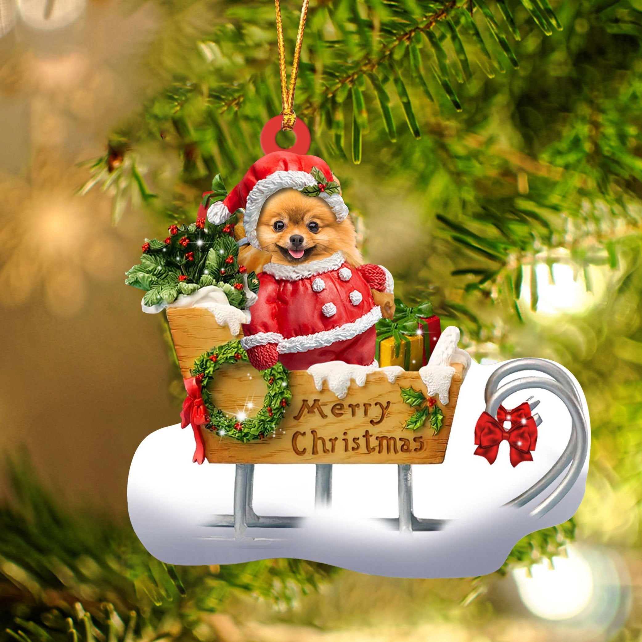 Pomeranian Sitting On A Cute Sleigh Ornament Flat Acrylic Funny Dog Ornament