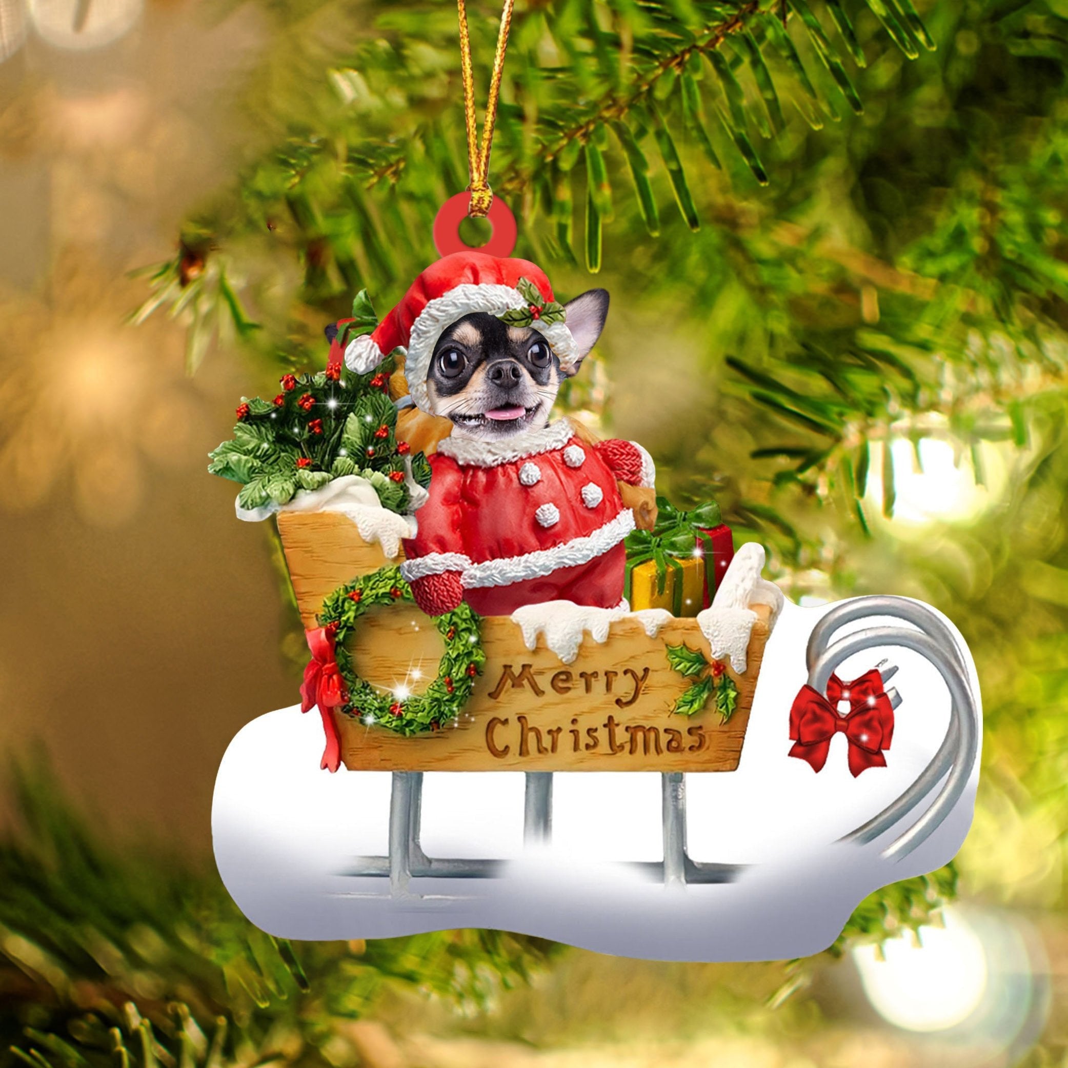 Chihuahua Sitting On A Cute Sleigh Ornament Flat Acrylic Funny Dog Ornament