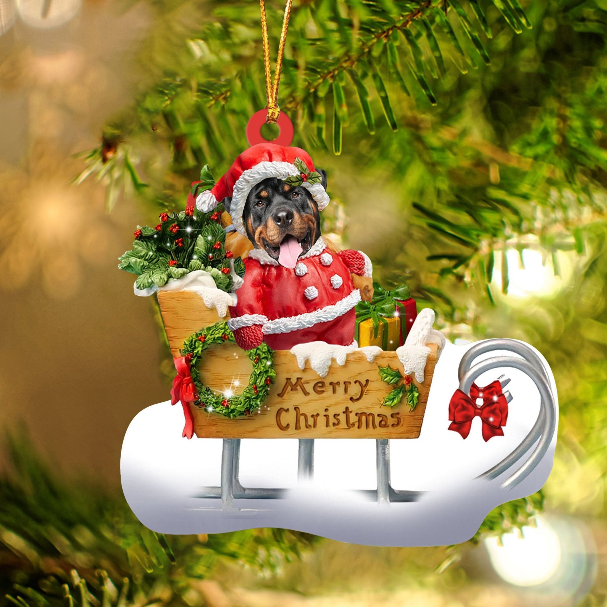 Rottweiler Sitting On A Cute Sleigh Ornament Flat Acrylic Funny Dog Ornament