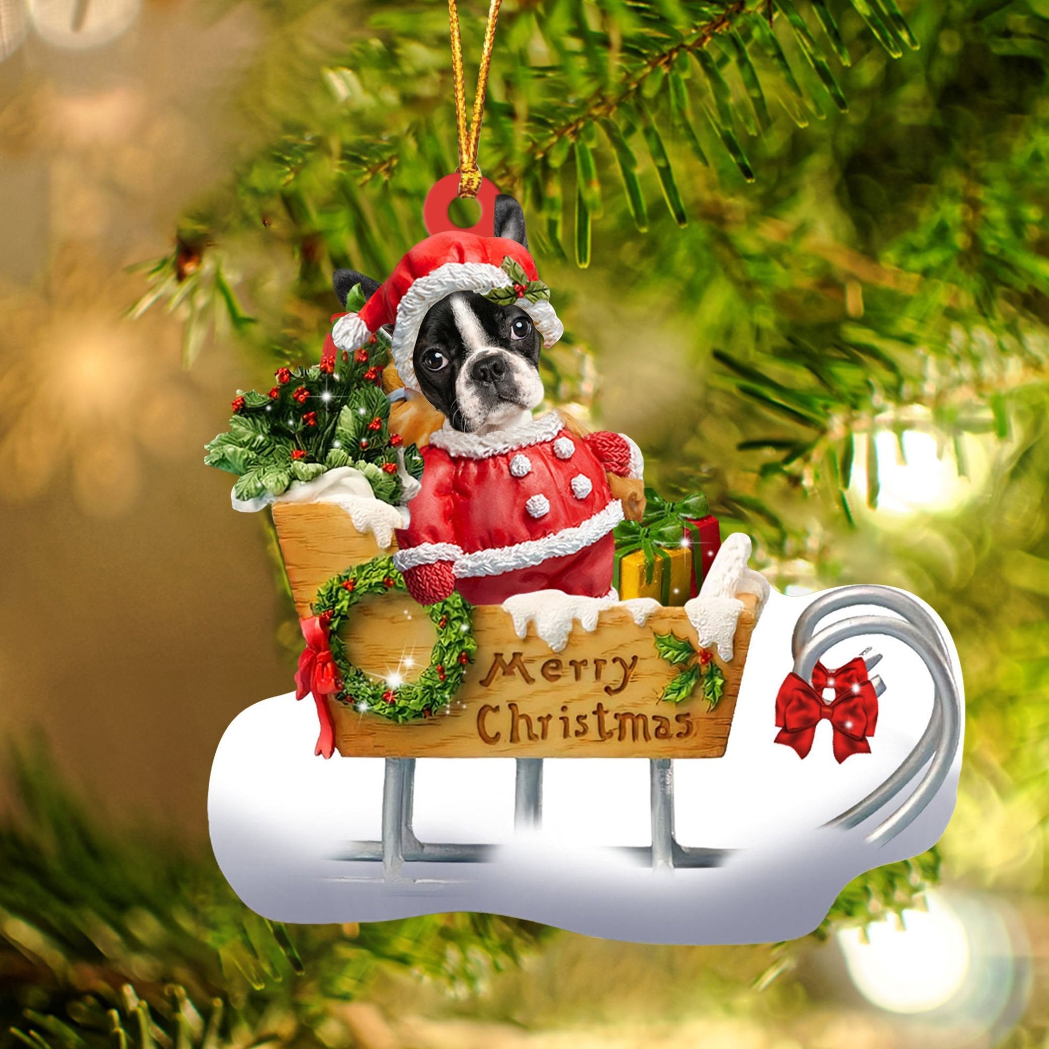 Boston Terrier Sitting On A Cute Sleigh Ornament Flat Acrylic Funny Dog Ornament