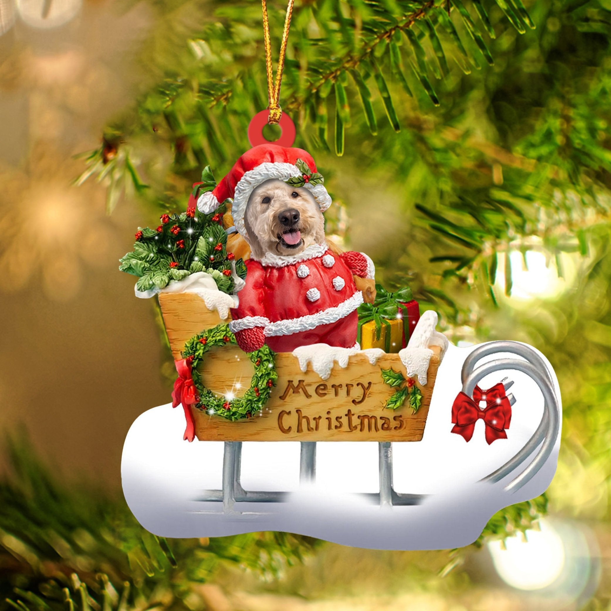 Goldendoodle Sitting On A Cute Sleigh Ornament Flat Acrylic Funny Dog Ornament