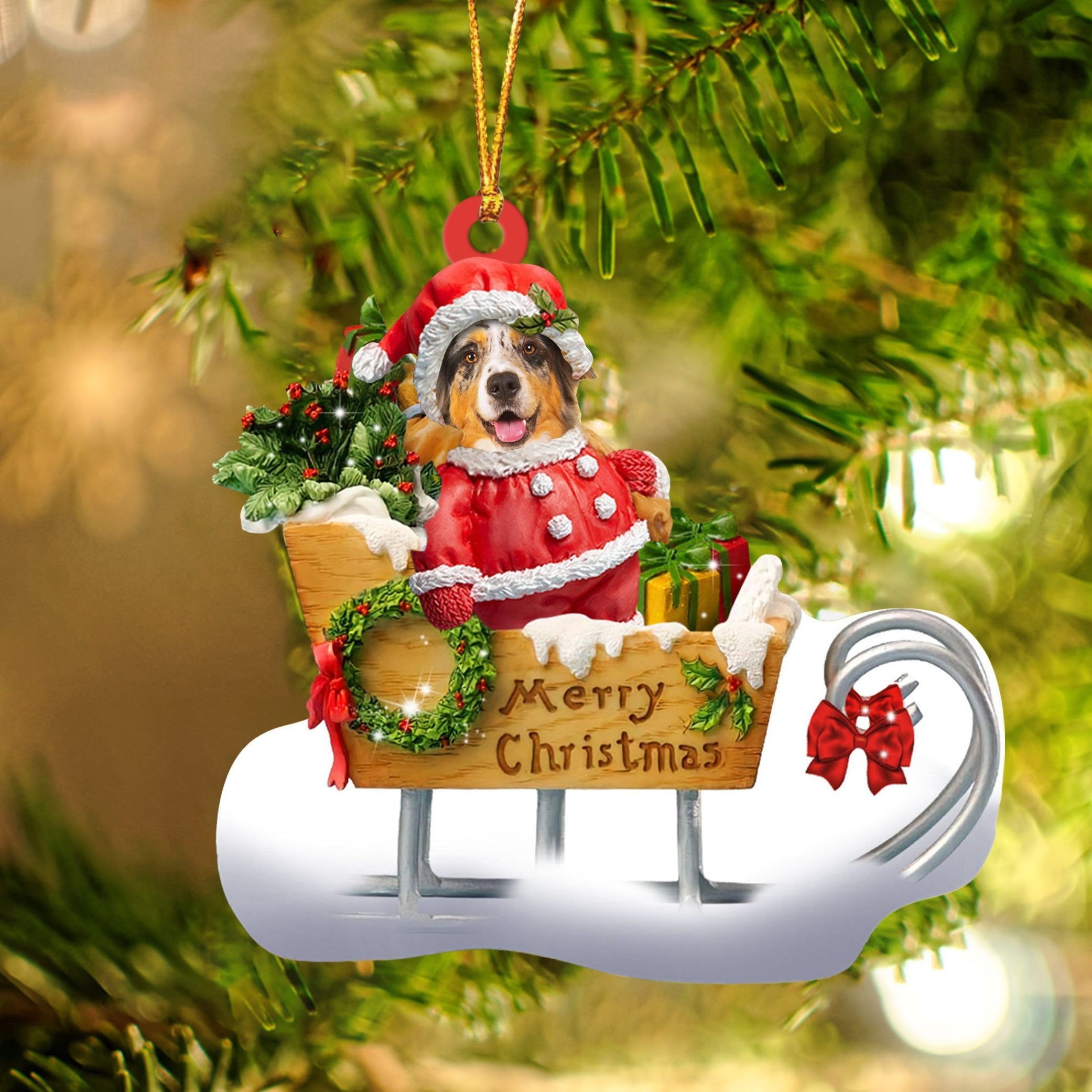 Australian Shepherd Sitting On A Cute Sleigh Ornament Flat Acrylic Funny Dog Ornament
