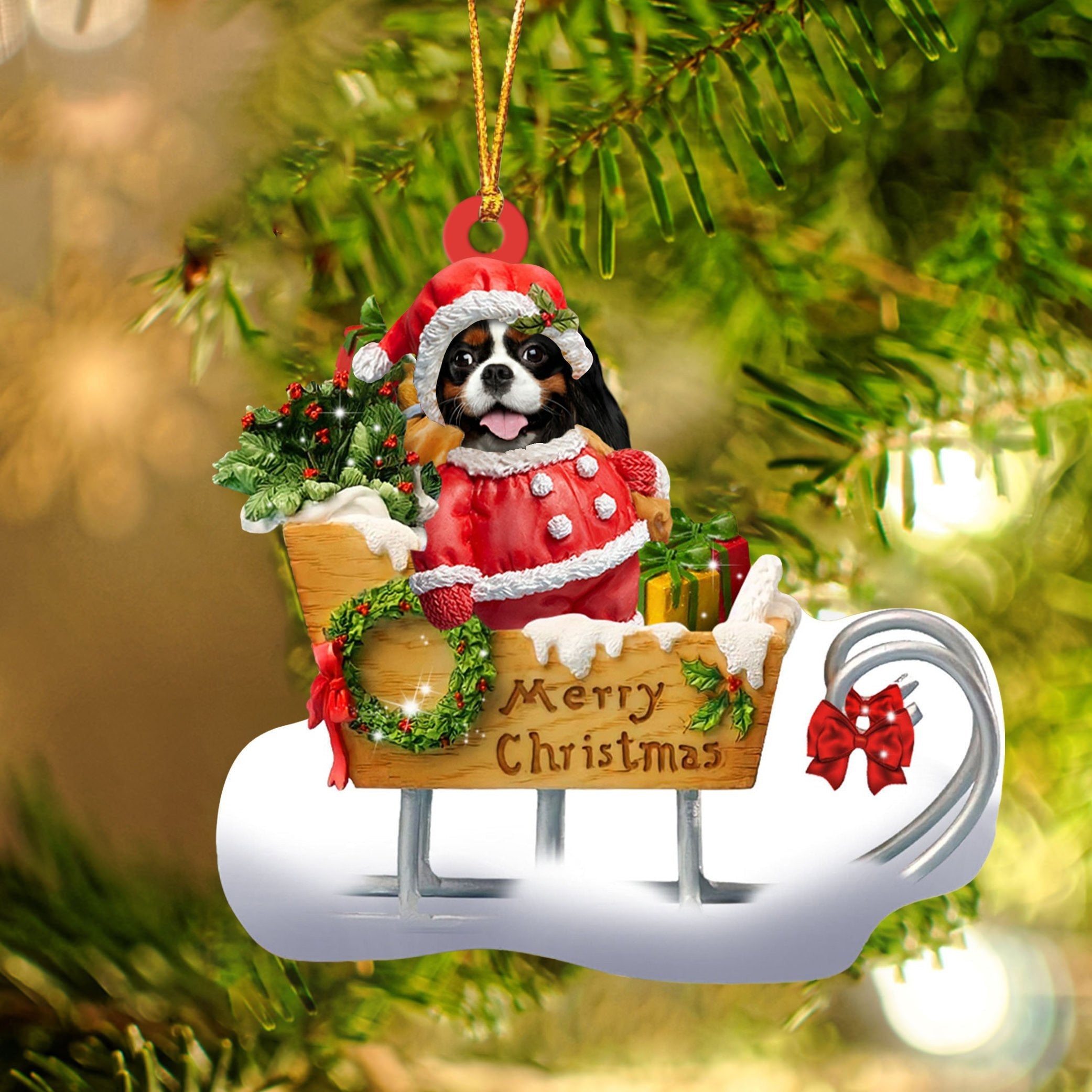 Cavalier King Charles Spaniel Sitting On A Cute Sleigh Ornament Flat Acrylic Funny Dog Ornament