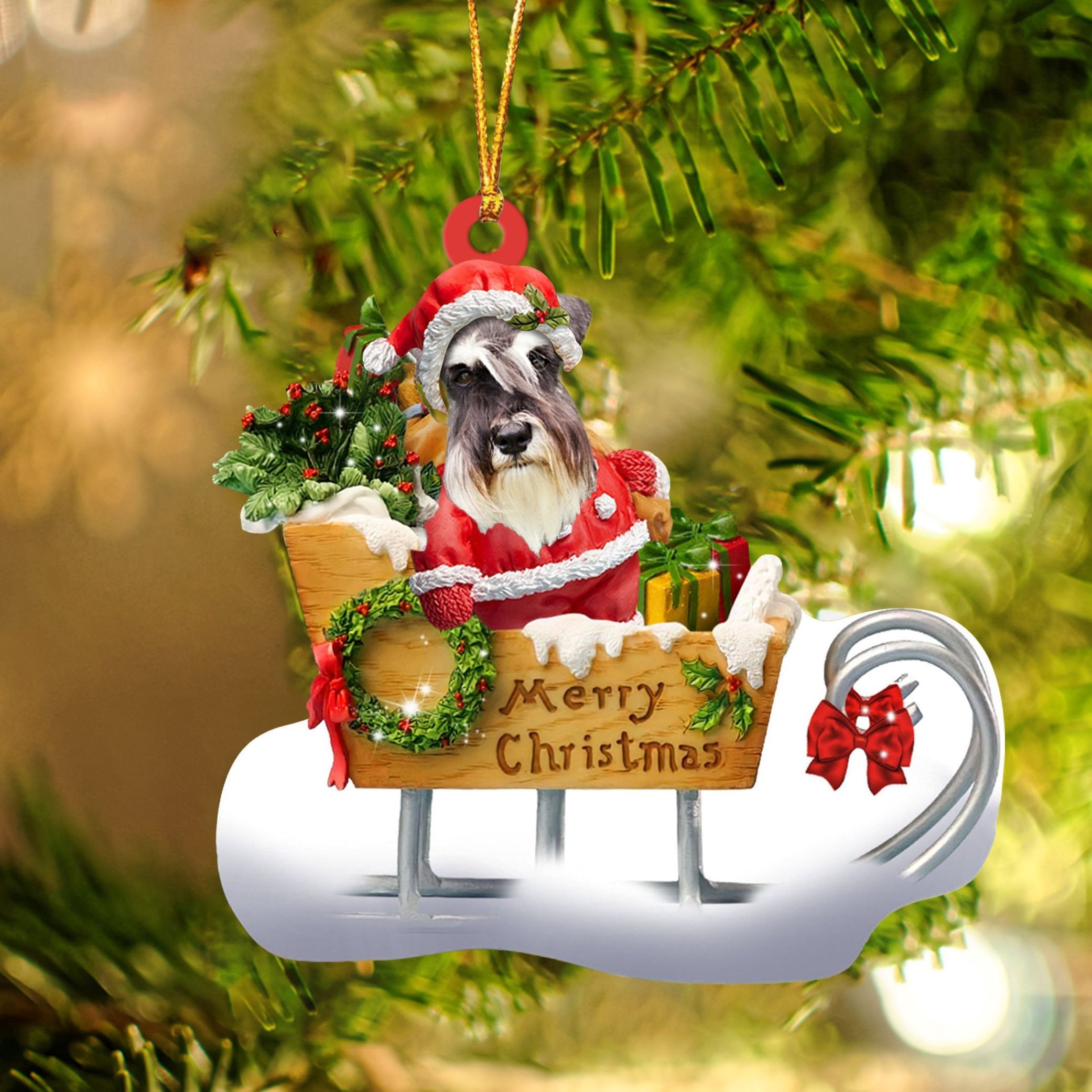 Schnauzer Sitting On A Cute Sleigh Ornament Flat Acrylic Funny Dog Ornament