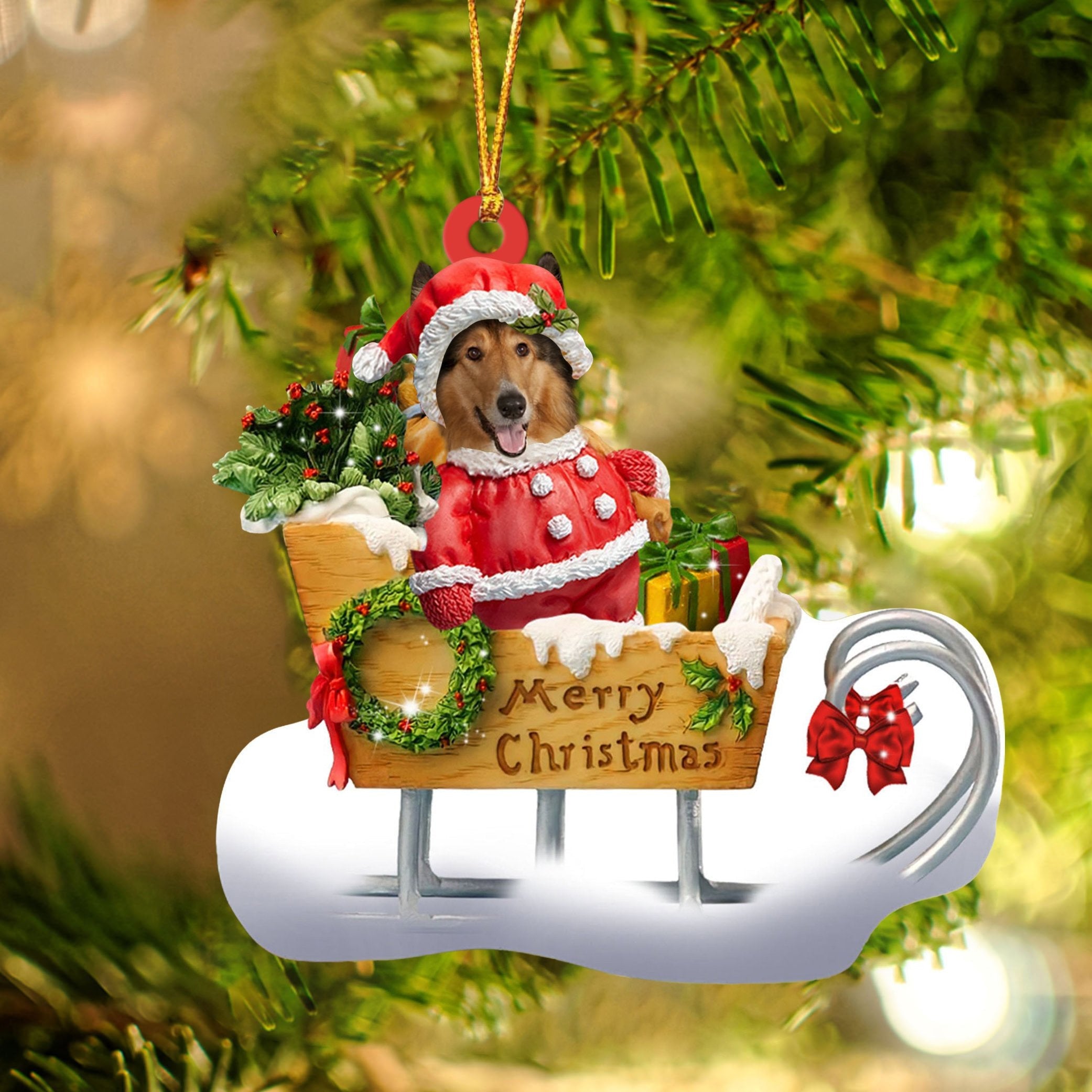 Rough Collie Sitting On A Cute Sleigh Ornament Flat Acrylic Funny Dog Ornament