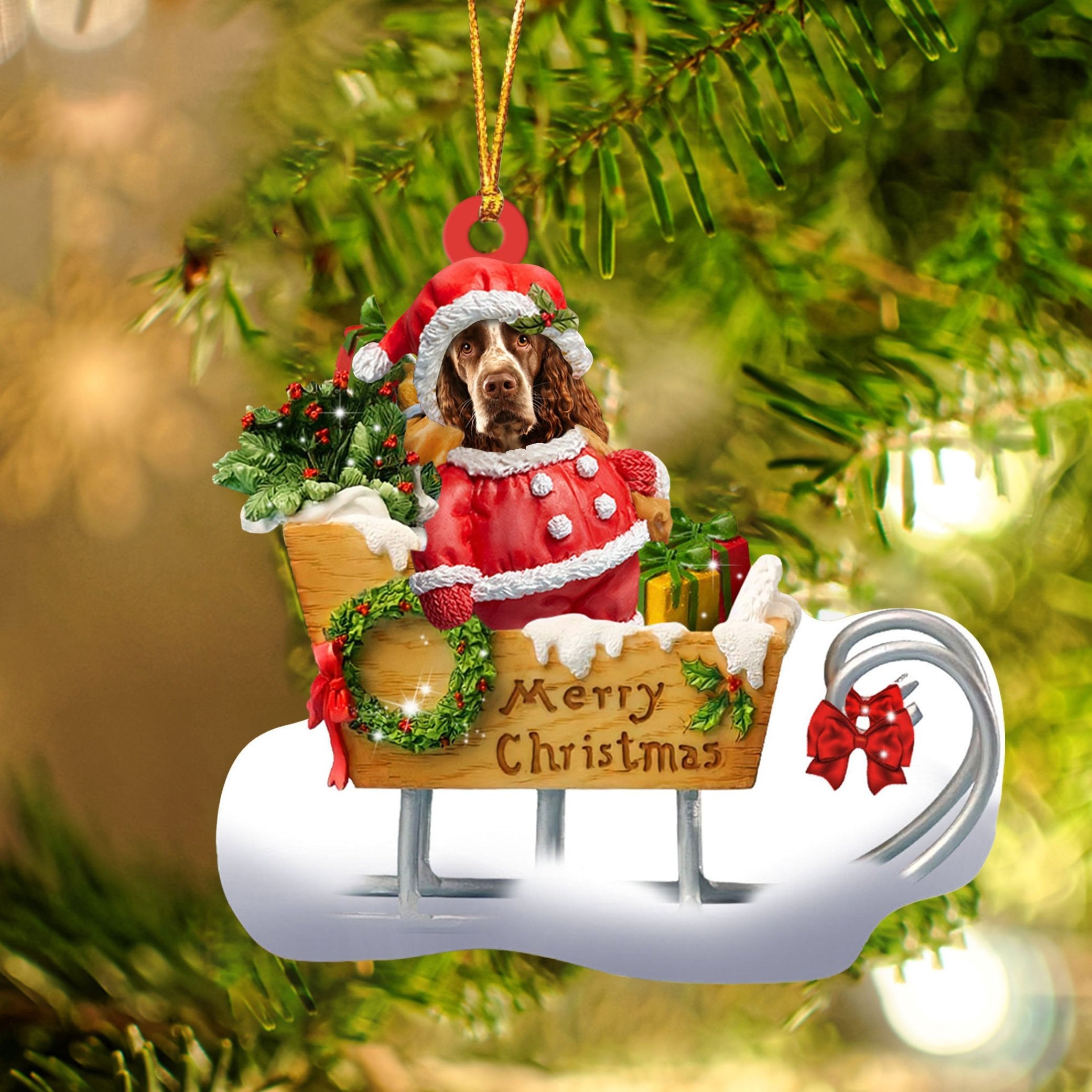 English Springer Spaniel Sitting On A Cute Sleigh Ornament Flat Acrylic Funny Dog Ornament