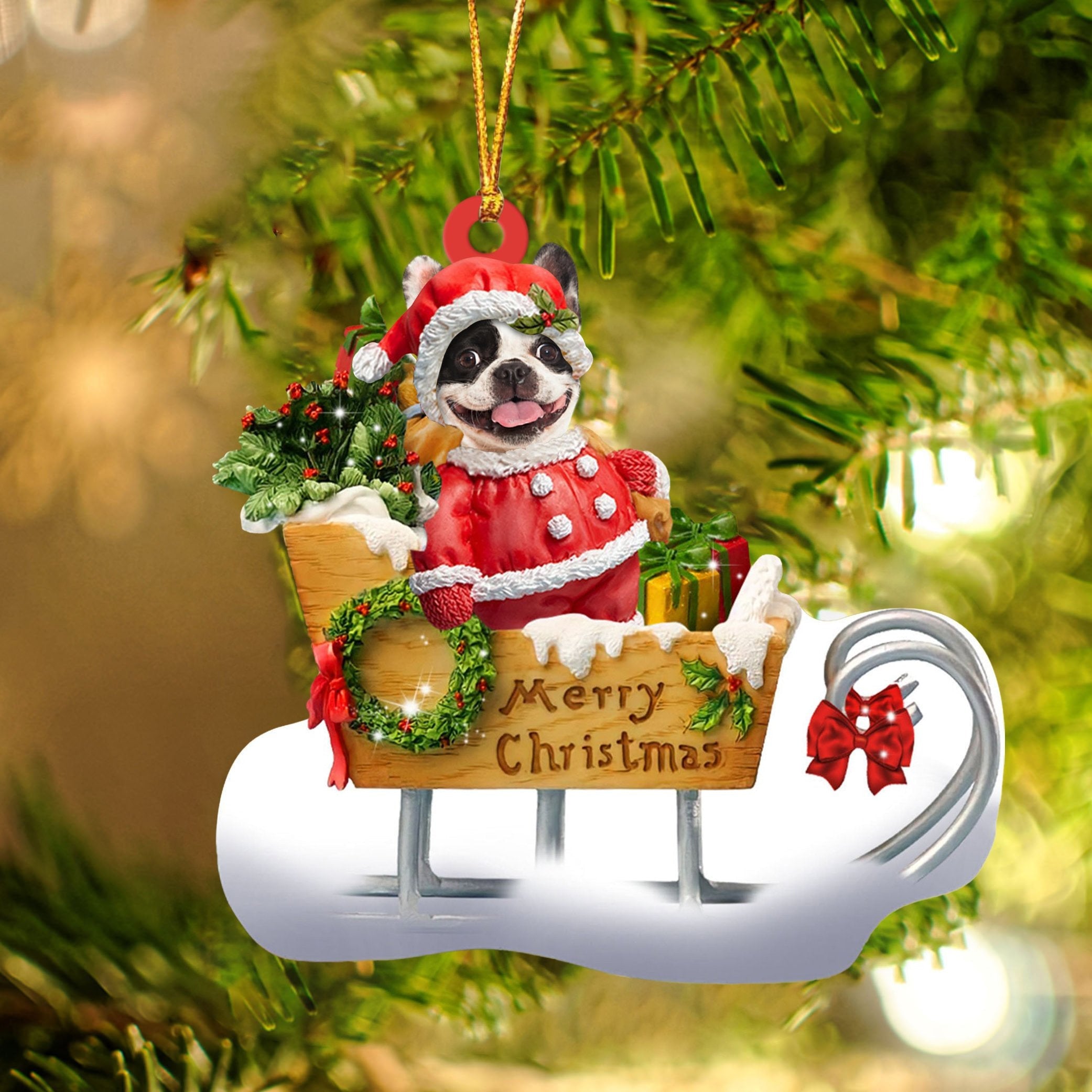French Bulldog Sitting On A Cute Sleigh Ornament Flat Acrylic Funny Dog Ornament