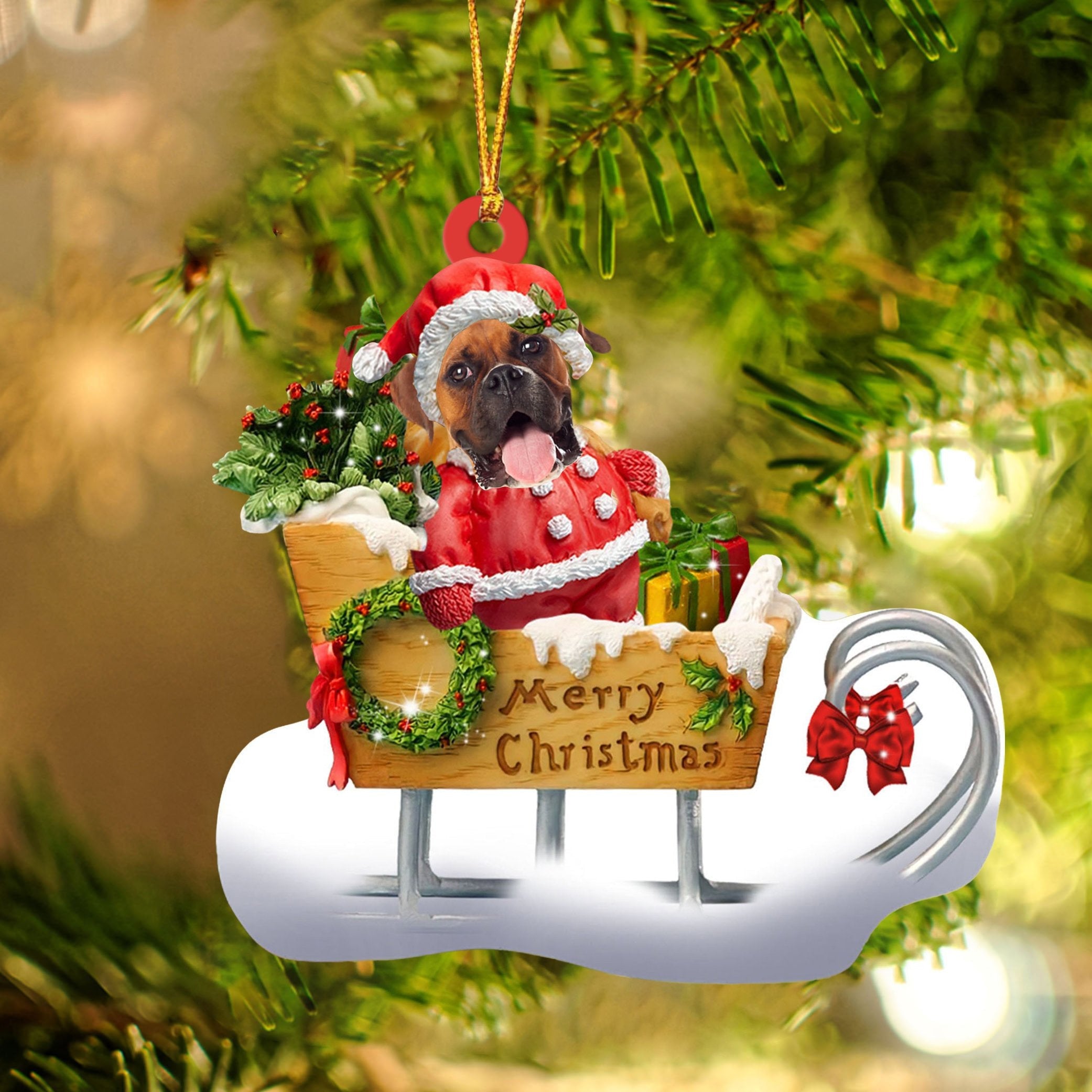 Boxer Sitting On A Cute Sleigh Ornament Flat Acrylic Funny Dog Ornament