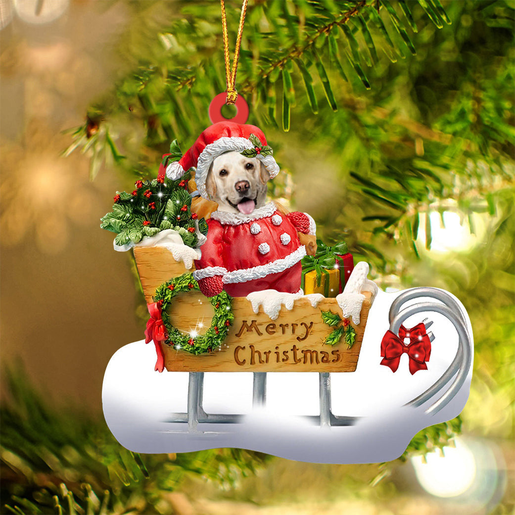 Yellow Labrador Retriever Sitting On A Cute Sleigh Ornament Flat Acrylic Funny Dog Ornament
