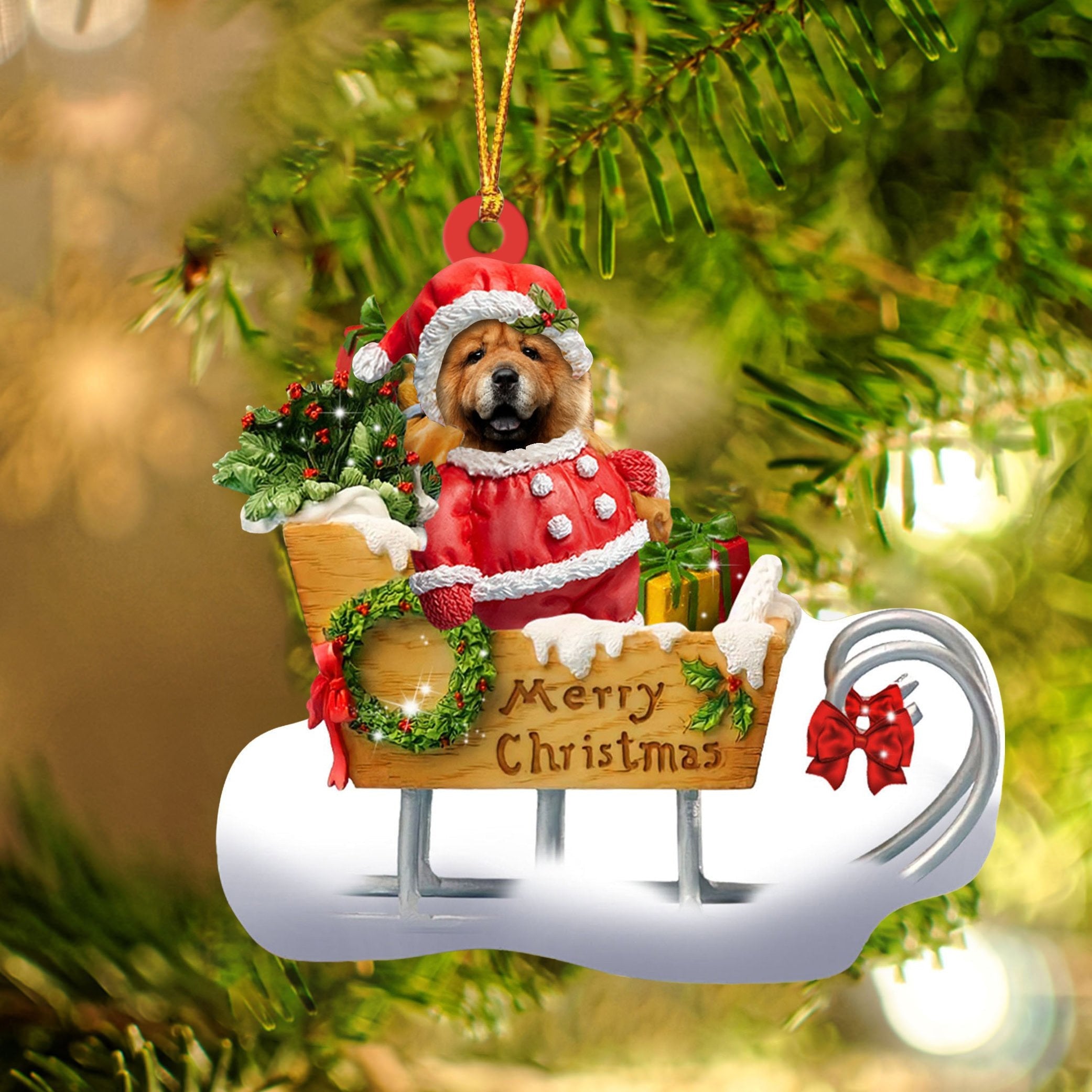 Chow Chow Sitting On A Cute Sleigh Ornament Flat Acrylic Funny Dog Ornament