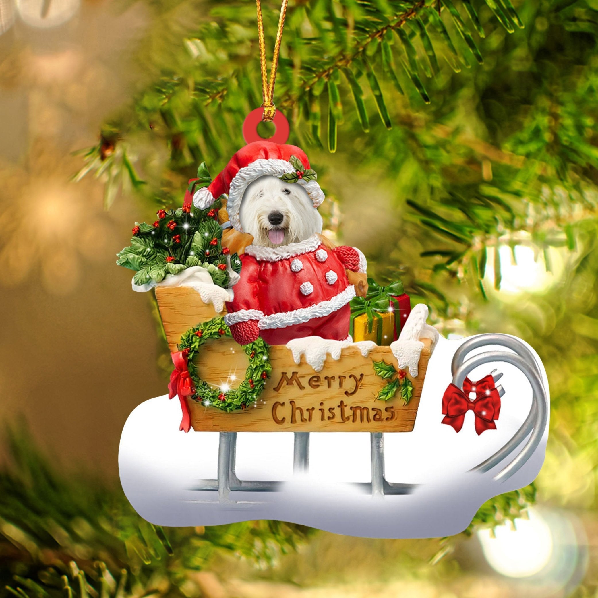 Old English Sheepdog Sitting On A Cute Sleigh Ornament Flat Acrylic Funny Dog Ornament