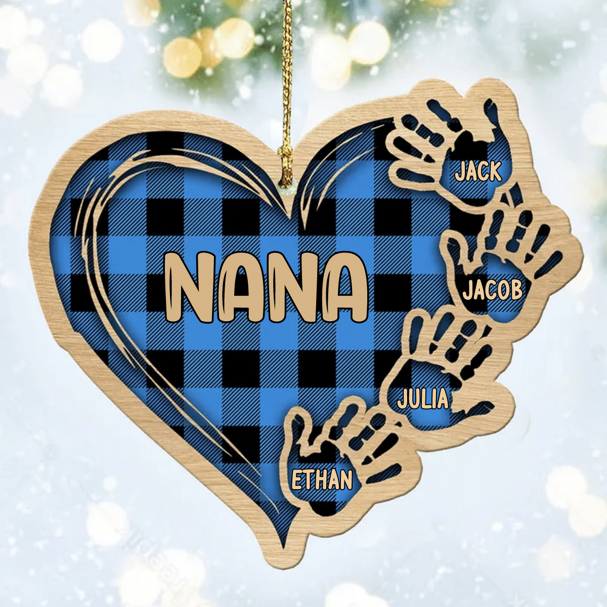 Grandma Mom Heart Hand Print With Kids/ Grandkids Personalized Wood Ornament for Tree Decor