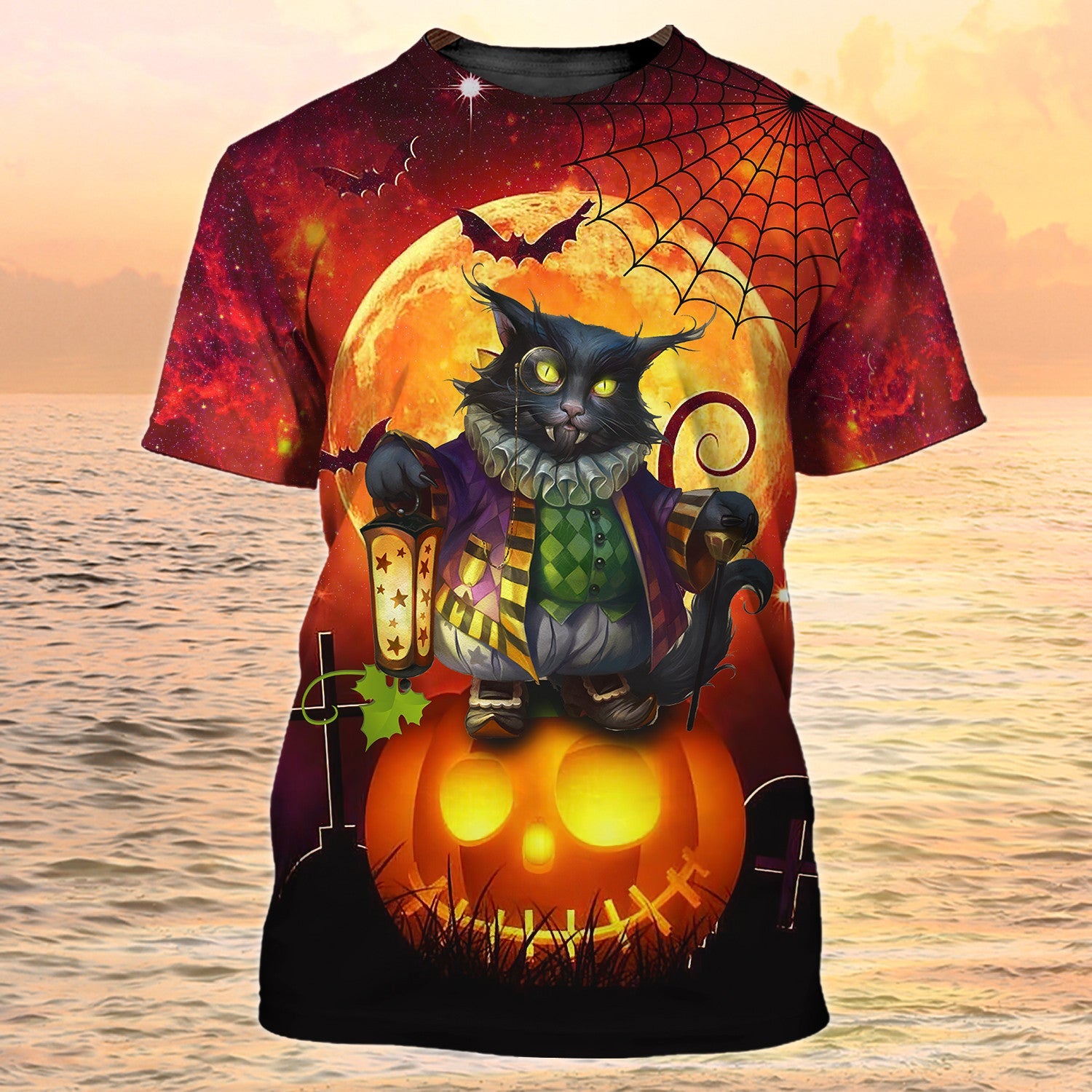 Black Cat Halloween T Shirt 3D Funny Cat On Pumpkin Shirt For Halloween