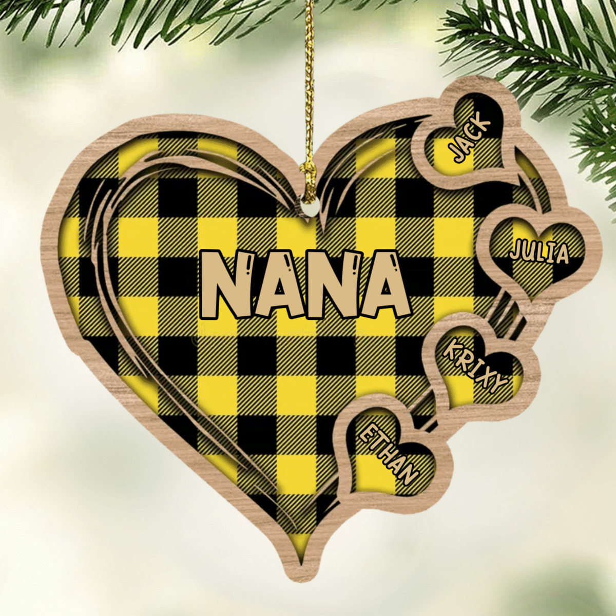 Personalized Nana Christmas Heart Wood Ornament with Grandkids for Grandma