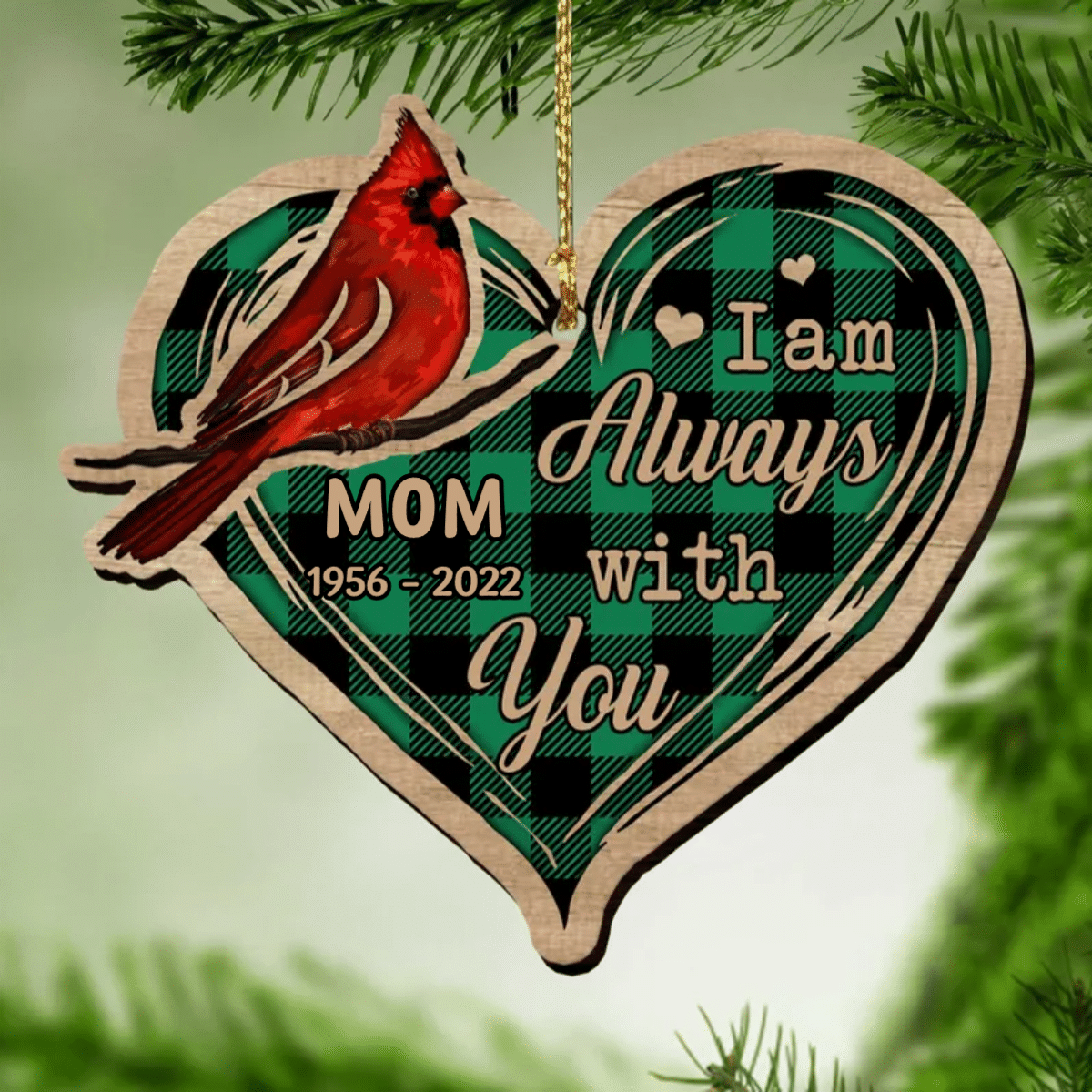 Personalized Memorial Christmas I Am Always With You Cardinal Heart Wood Ornament