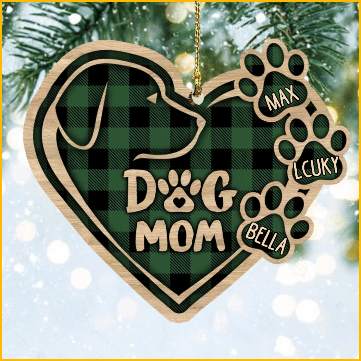 Christmas Dog Mom Heart Plaid Pattern Wood Ornament for Dog Mom Gifts