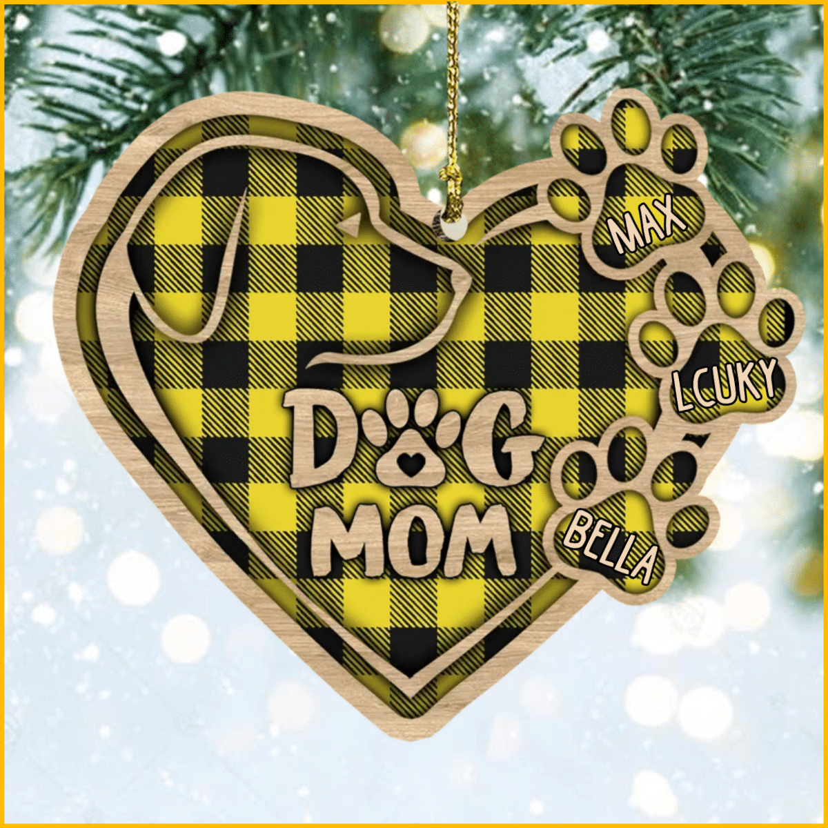 Christmas Dog Mom Heart Plaid Pattern Wood Ornament for Dog Mom Gifts