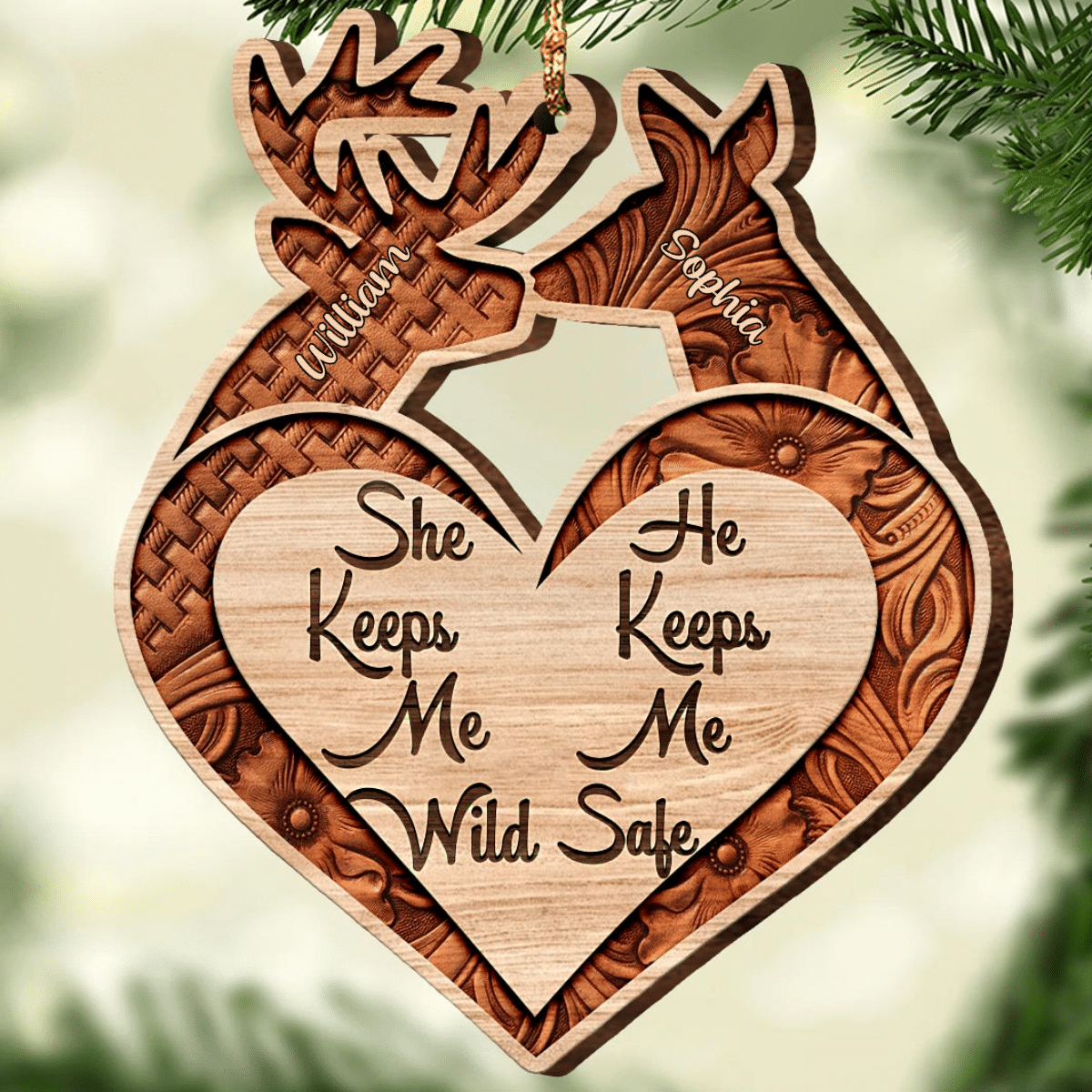 She Keeps Me Wild/ He Keeps Me Safe Deer Couple Personalized Wooden Ornament