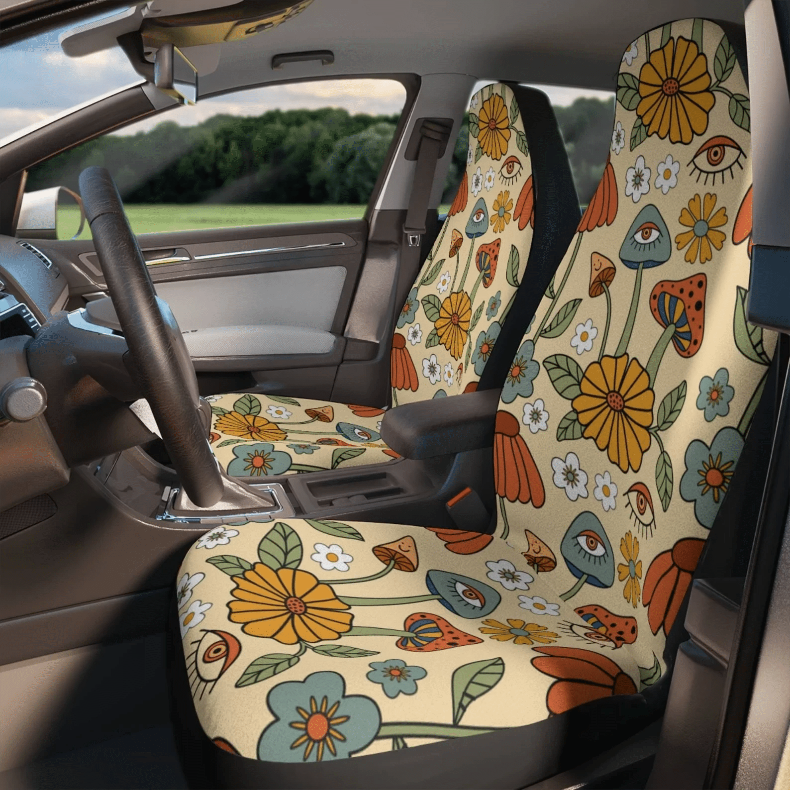 Mushroom Car Seat Covers For Women Universal Fit/ Retro Boho Floral Seat Cover
