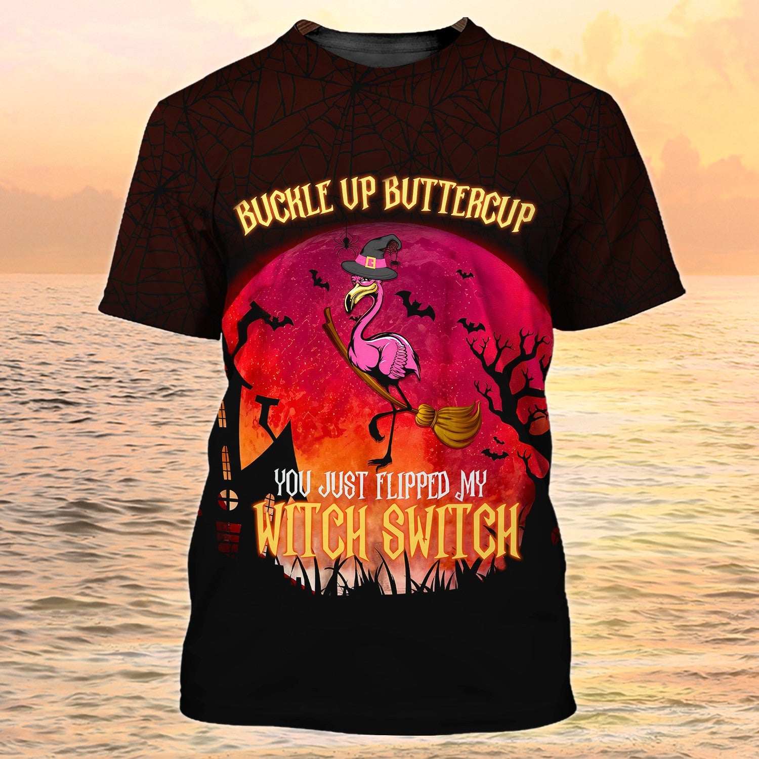 Funny Flamingo Flying On Night Halloween Shirt Men Women Flipped My Witch Switch 3D Shirt
