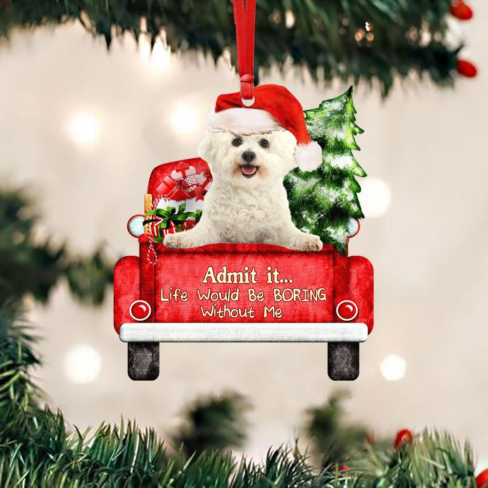 Bichon Frise On The Red Truck Acrylic Christmas Ornament