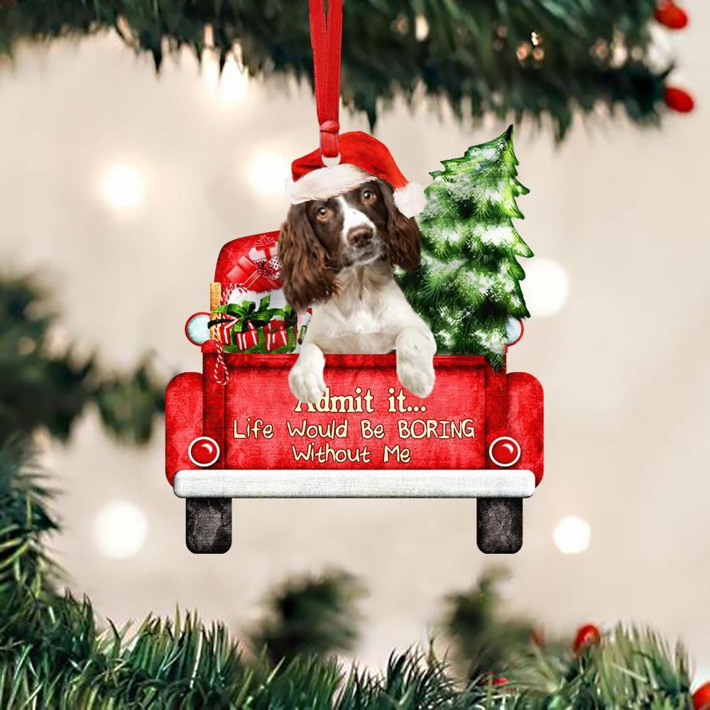 English Springer Spaniel On The Red Truck Acrylic Christmas Ornament