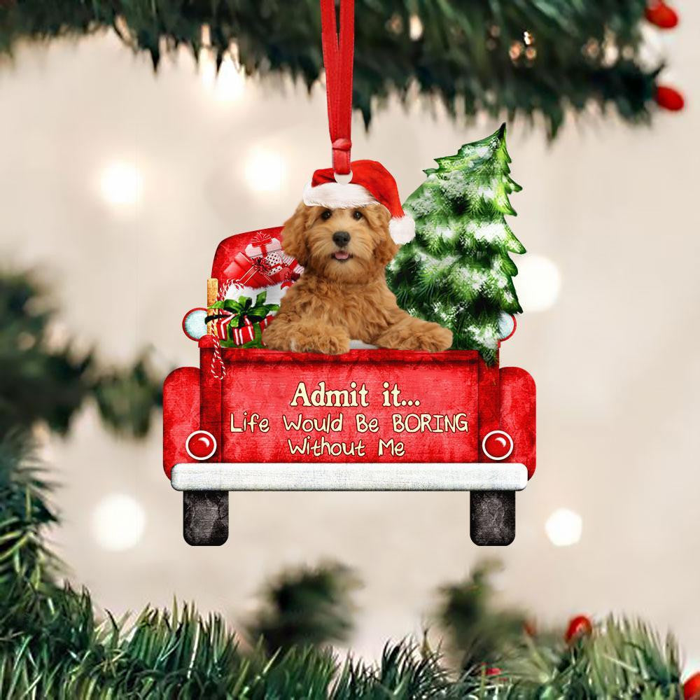 Goldendoodle On The Red Truck Acrylic Christmas Ornament