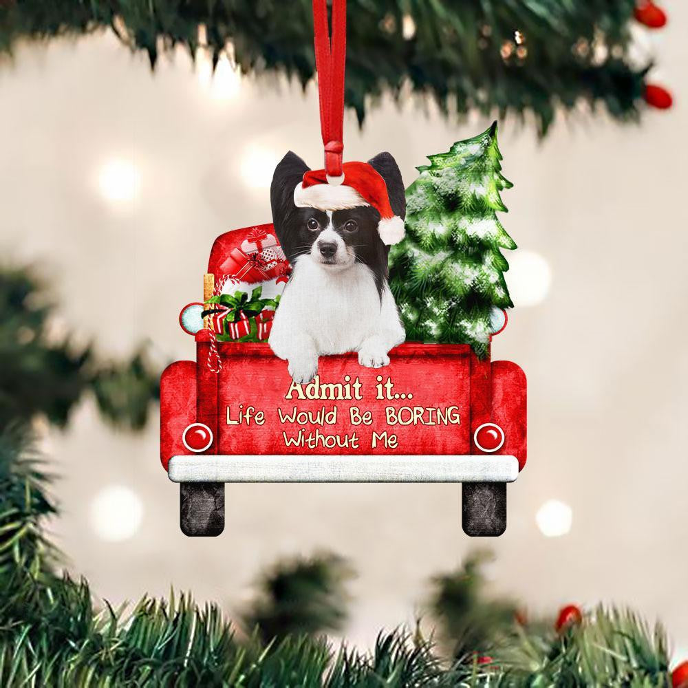 Papillon-2 On The Red Truck Acrylic Christmas Ornament