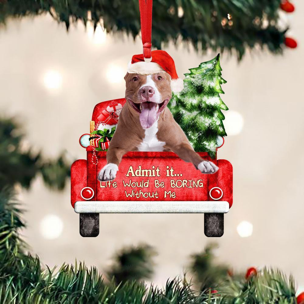 Pit Bull 2 On The Red Truck Acrylic Christmas Ornament