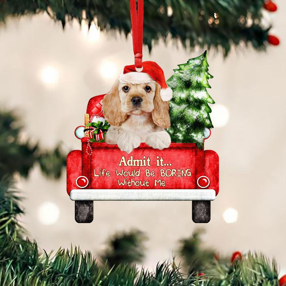 Cocker Spaniel On The Red Truck Acrylic Christmas Ornament