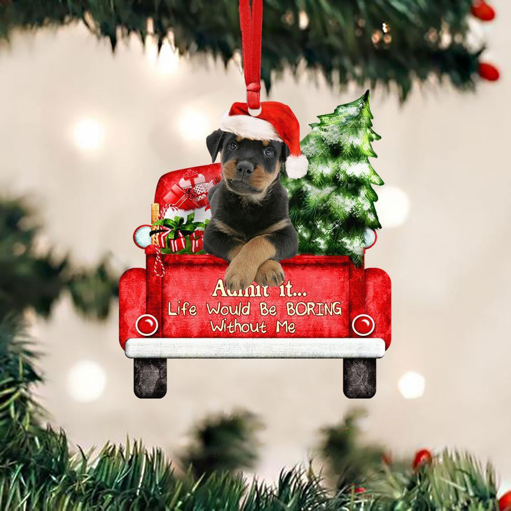 Rottweiler On The Red Truck Acrylic Christmas Ornament