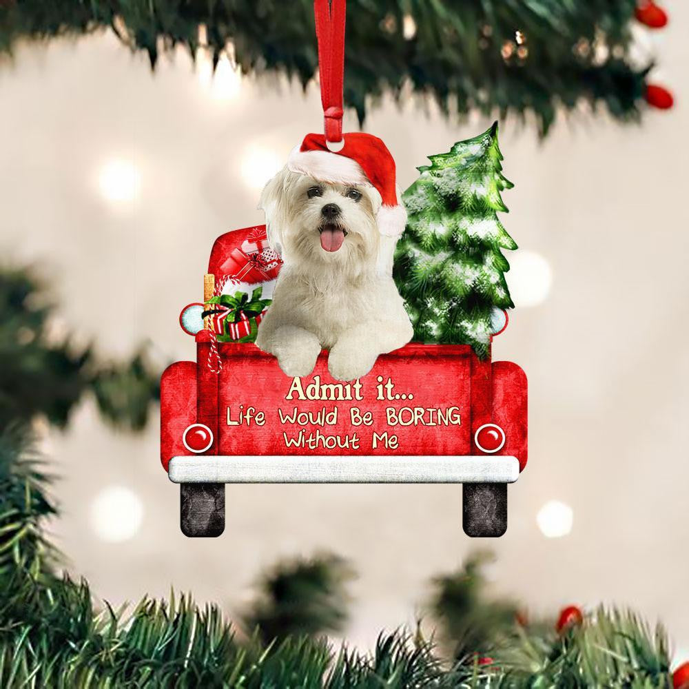 Maltese On The Red Truck Acrylic Christmas Ornament
