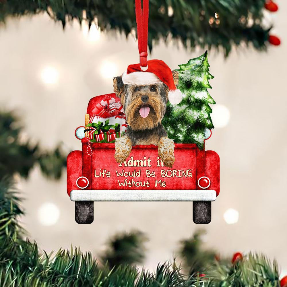 Yorkshire Terrier On The Red Truck Acrylic Christmas Ornament