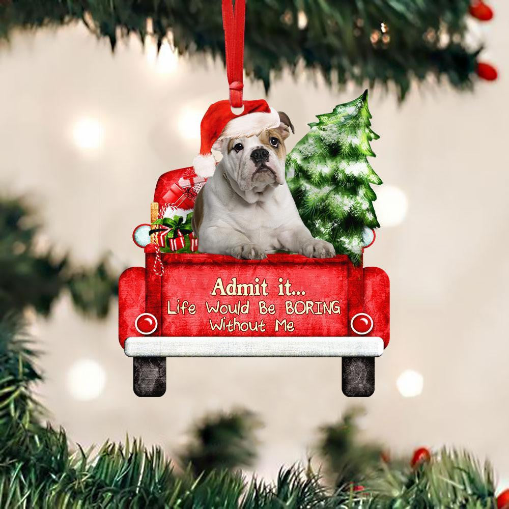 English Bulldog On The Red Truck Acrylic Christmas Ornament
