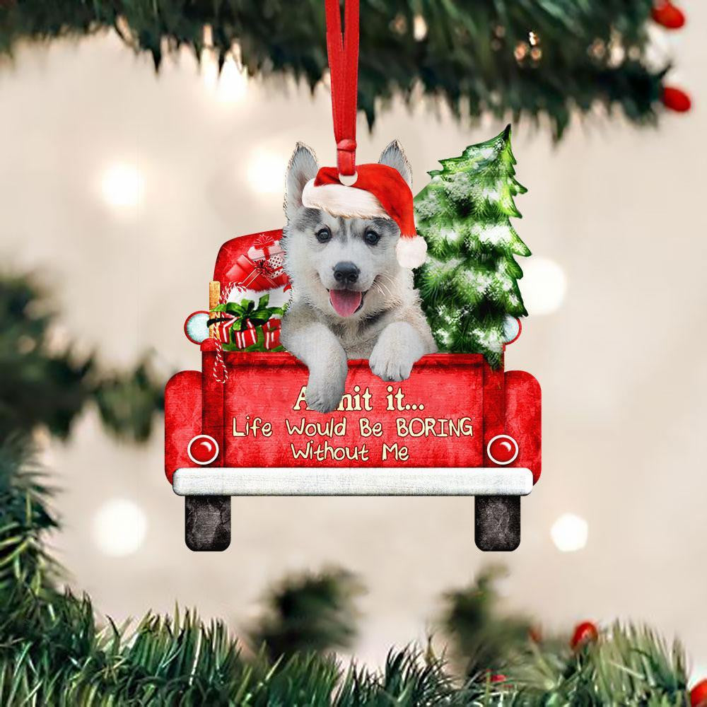 Husky On The Red Truck Acrylic Christmas Ornament
