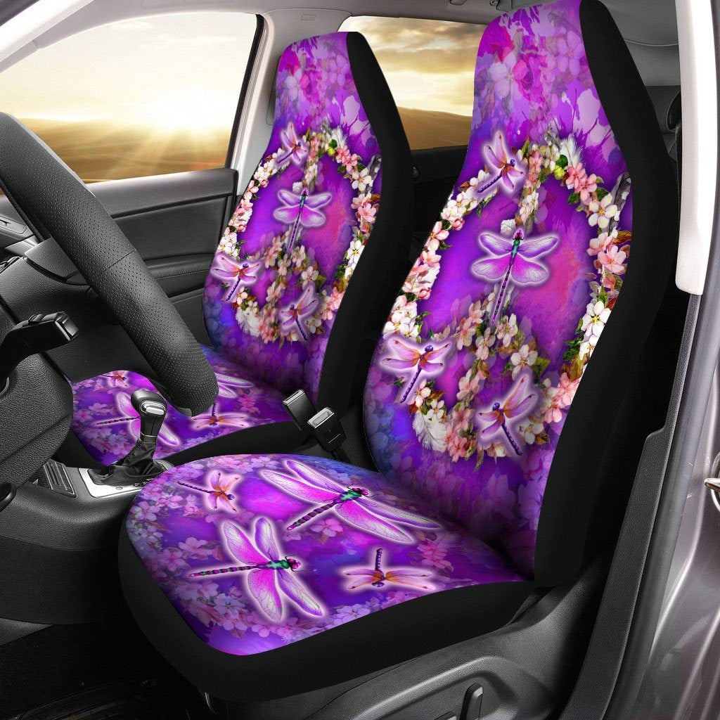 Peace Sign Car Seat Covers Custom Flower Dragonfly Car Accessories