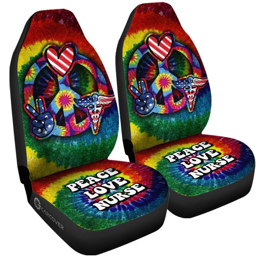Hippie Tie Dye Car Seat Covers Custom Peace Love Nurse US Flag Car Accessories Beautiful For Nurse