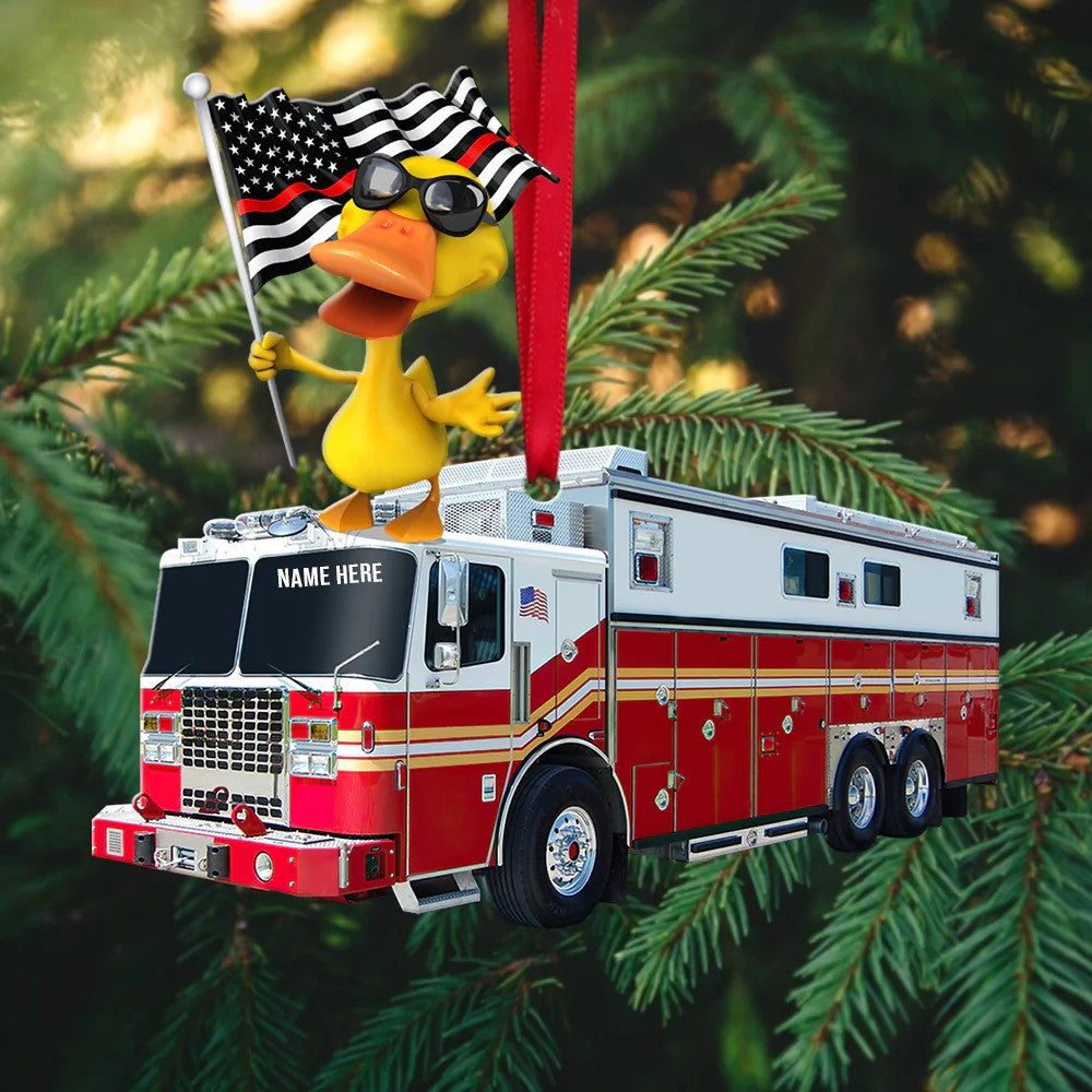 Firefighting Duck Car - Personalized Christmas Ornament - Christmas Gift For Firefighter