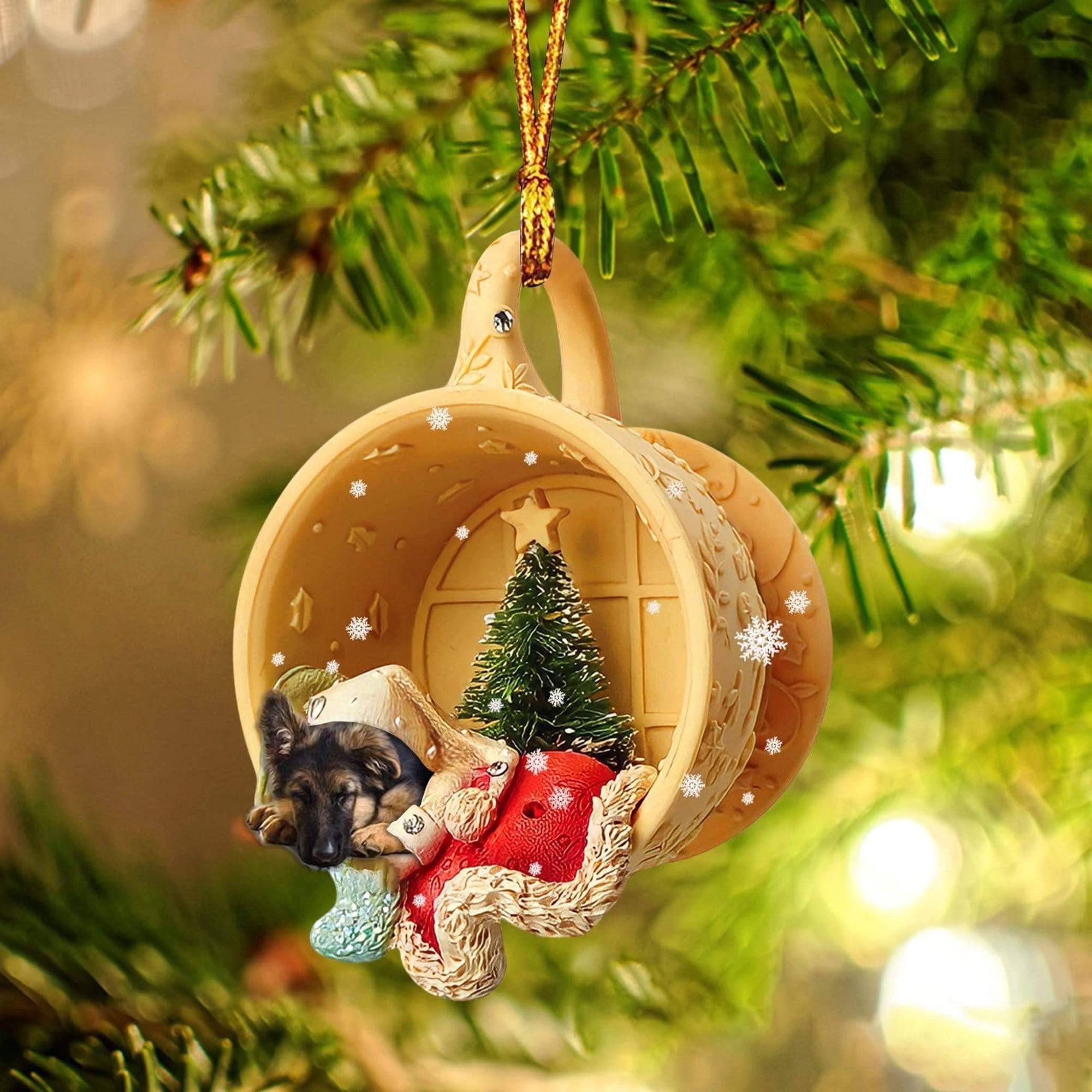 German Shepherd Sleeping In A Cup Christmas Ornament/ Flat Acrylic Dog Christmas Ornament