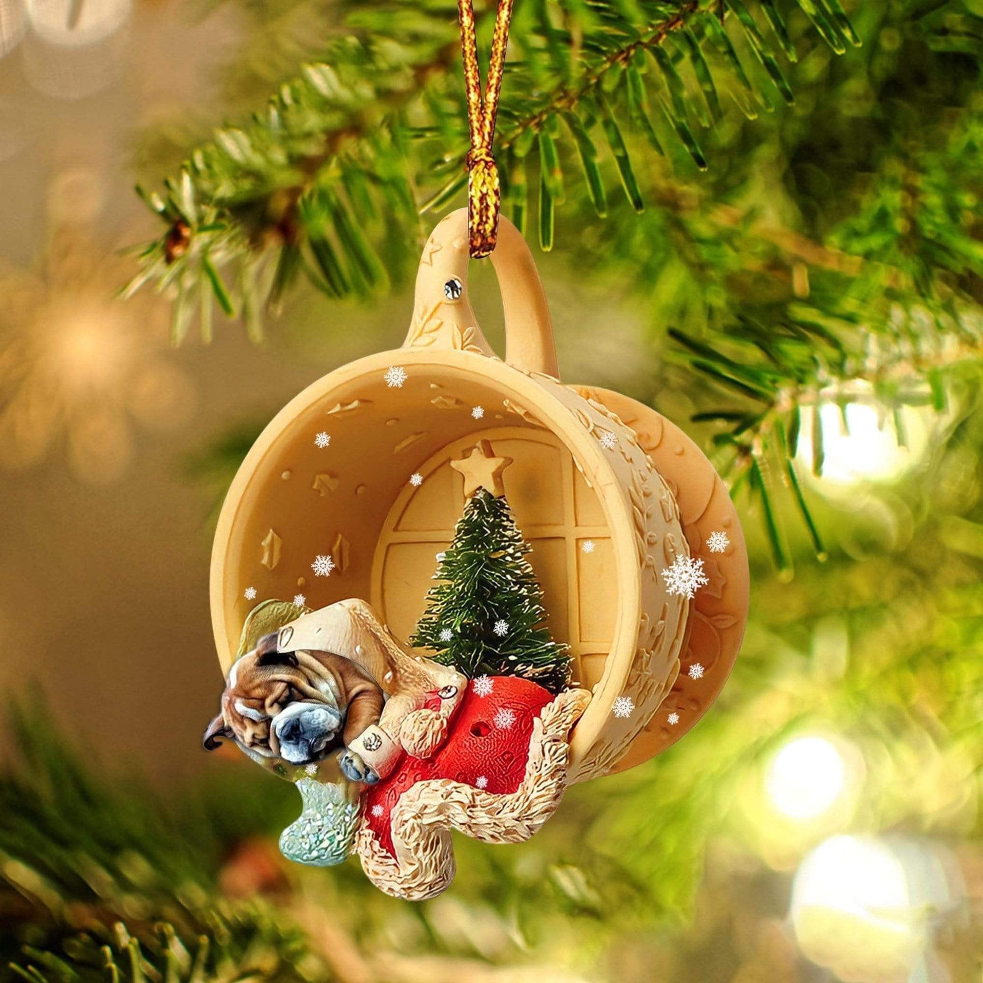 Bulldog Sleeping In A Cup Christmas Ornament/ Flat Acrylic Dog Christmas Ornament