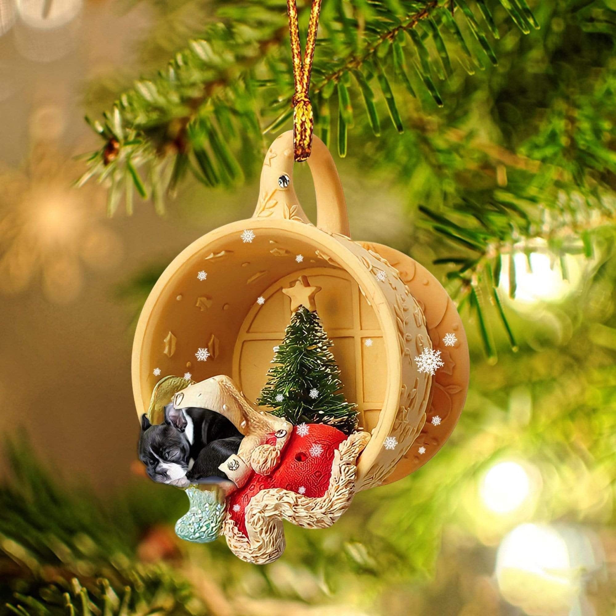 Boston Terrier Sleeping In A Cup Christmas Ornament/ Flat Acrylic Dog Christmas Ornament