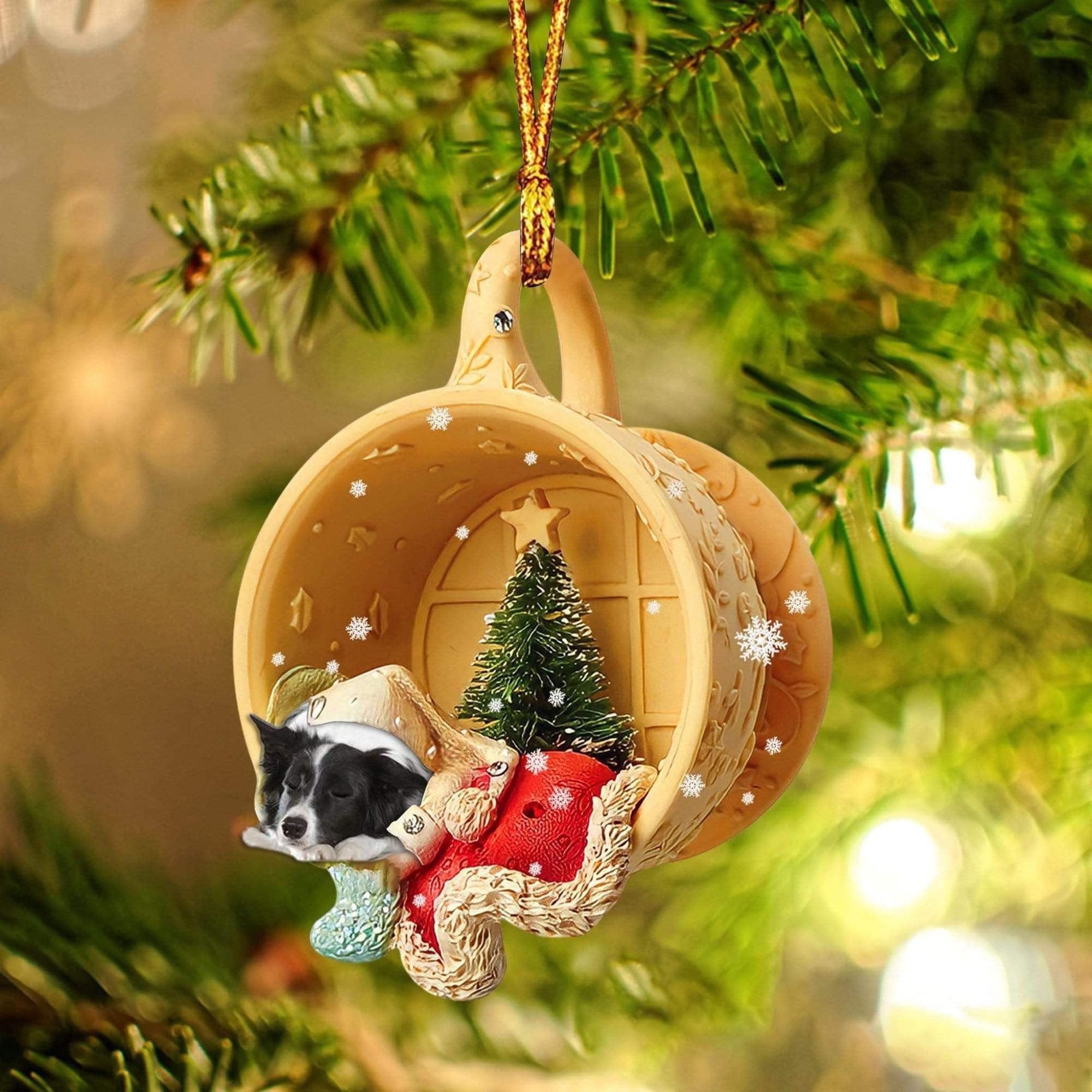 Border Collie Sleeping In A Cup Christmas Ornament/ Flat Acrylic Dog Christmas Ornament