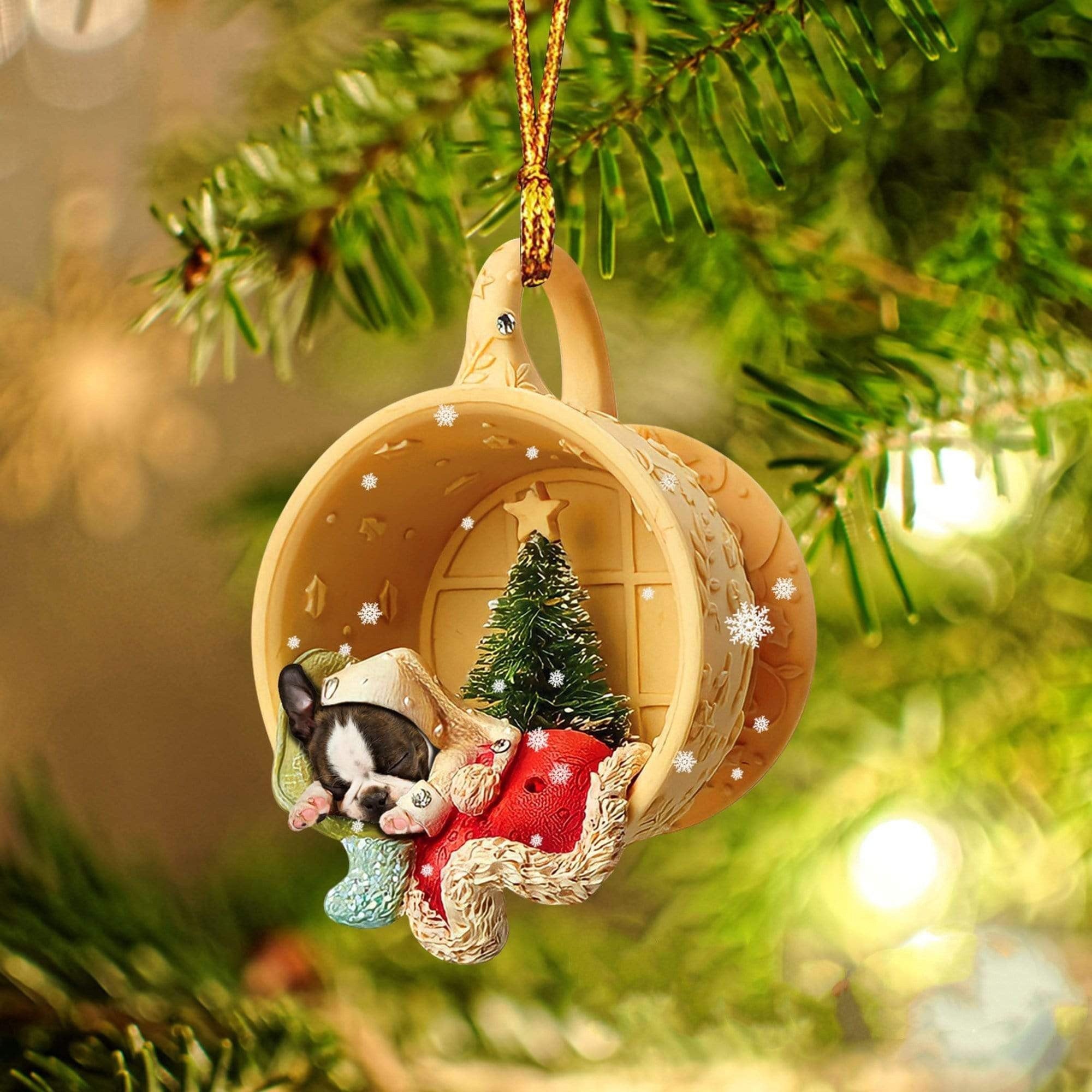 Boston Sleeping In A Cup Christmas Ornament/ Flat Acrylic Dog Christmas Ornament
